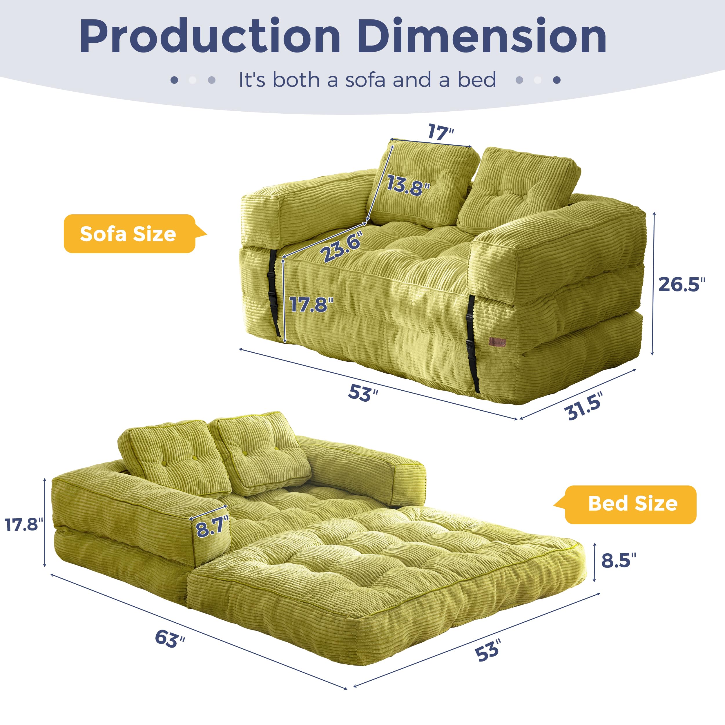 MAXYOYO L-Shaped Folding Sofa Bed - Convertible Sleeper Couch with Armrest & Pillow, Portable Foldable Floor Lounge Chair for Living Room & Bedroom - Double Size in Green | Perfect for Small Spaces, Guest Rooms & Studio Apartments