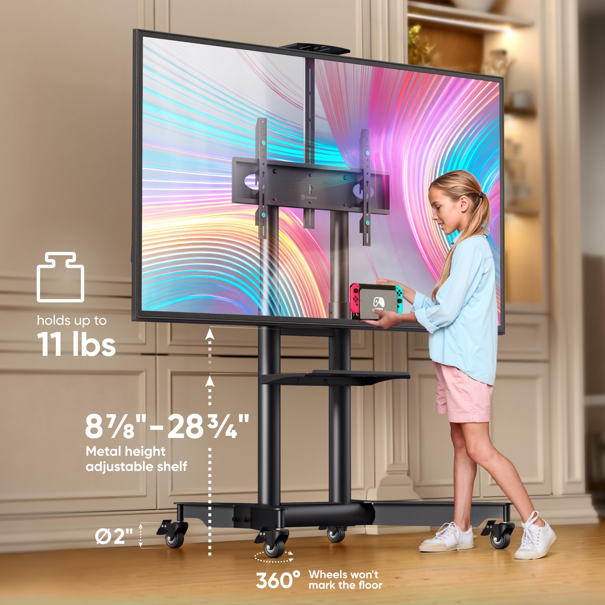 ONKRON Adjustable Height Mobile TV Stand on Wheels for 32-75 Inch TVs up to 132 lbs, Rolling TV Cart with Shelf - Portable TV Moving Stand for Living Room, Bedroom, Office (Black, Max VESA 600x400)