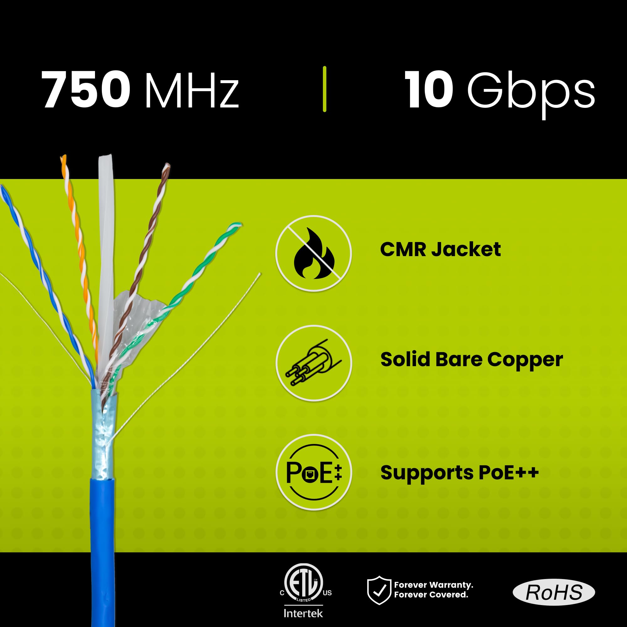 trueCABLE Cat6A Shielded Riser (CMR) Ethernet Cable - 1000ft Blue 23AWG Solid Bare Copper, 750MHz, PoE++ (4PPoE), ETL Listed, F/UTP Aluminum Foil Shield - Ideal for High-Speed Networking, Data Centers & PoE Applications