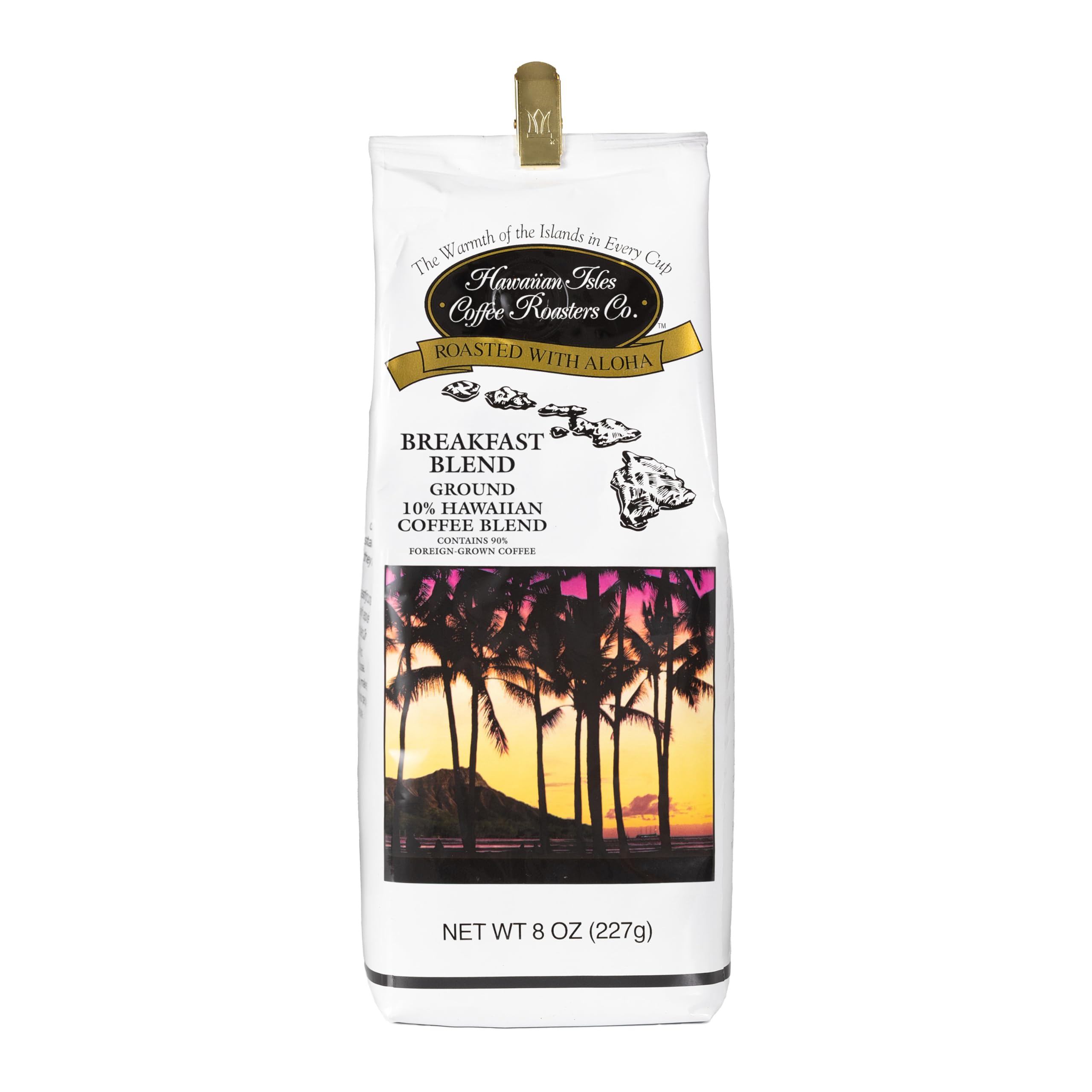 Hawaiian Isles Coffee Breakfast Blend - Light Roast Ground Coffee with 10% Hawaiian Coffee, Roasted with Aloha - 8 Ounce Bag | Perfect for Morning Brew & Office Use