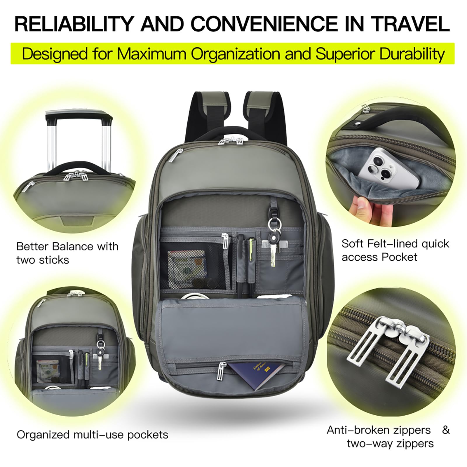 Rolling Laptop Bag with Wheels - Adjustable 13-17.3 Inch Wheeled Computer Backpack for Men & Women, Carry-on Work Bag for Business Travel & Commuting