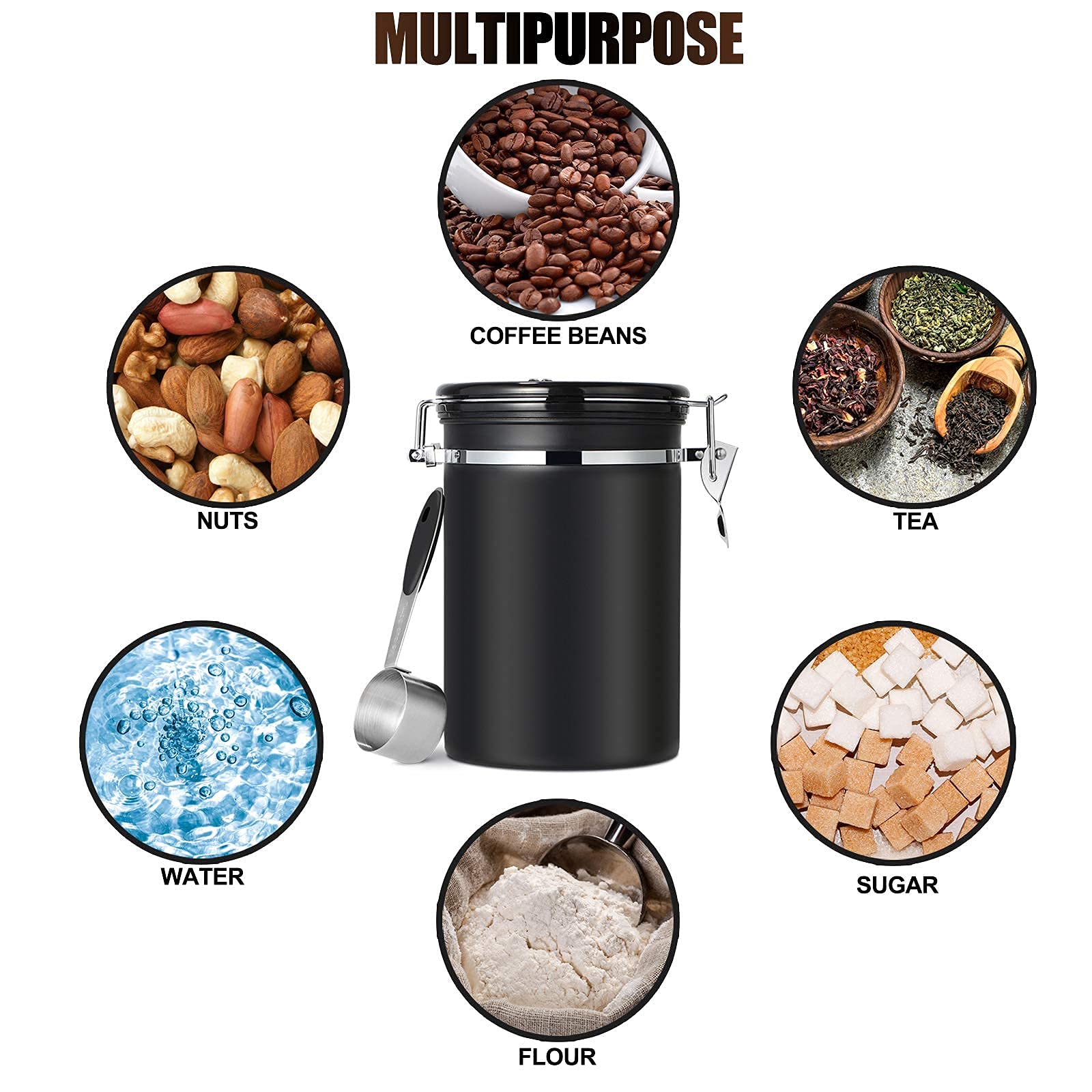 Stainless Steel Airtight Coffee Canister with Date Tracker & Scoop - 22 oz Black Coffee Storage Container for Grounds & Beans - Perfect for Kitchen, Pantry & Office Use