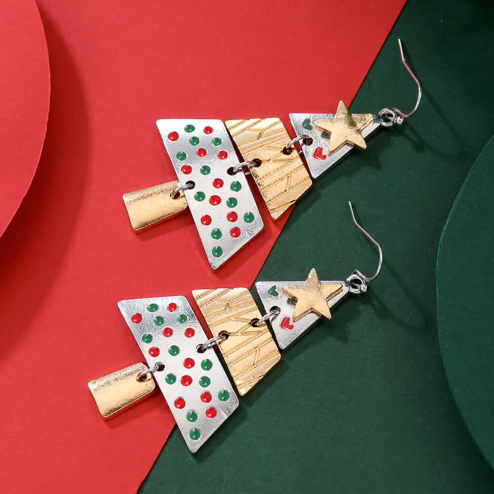 Christmas Tree Xmas Star 2-Tone Dangle Earrings for Women | Holiday Party Jewelry Gift | D1248 | Perfect for Christmas Celebrations & Festive Outfits