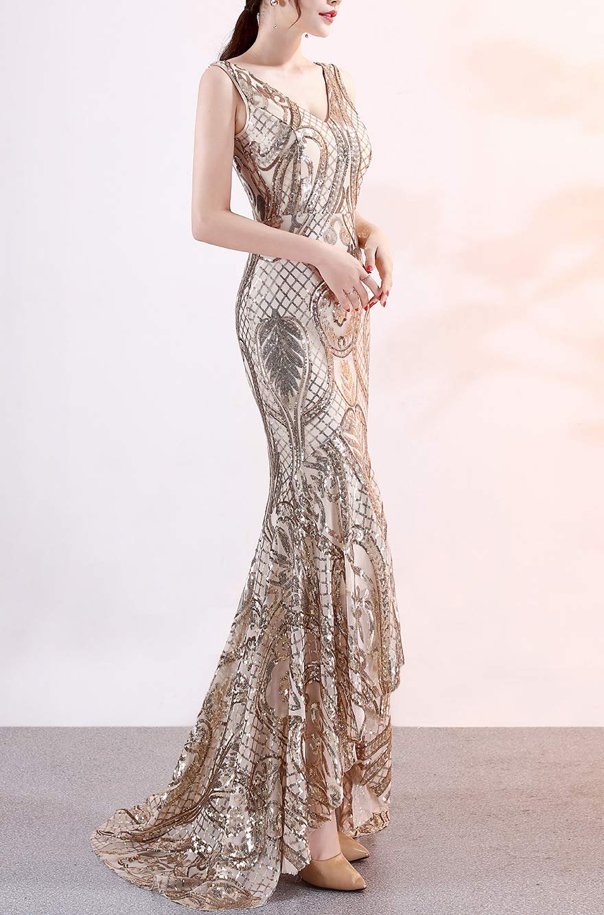 Elegant Women's V-Neck Sequin Asymmetrical Mermaid Evening Gown - Perfect for Prom, Cocktail Party & Formal Events