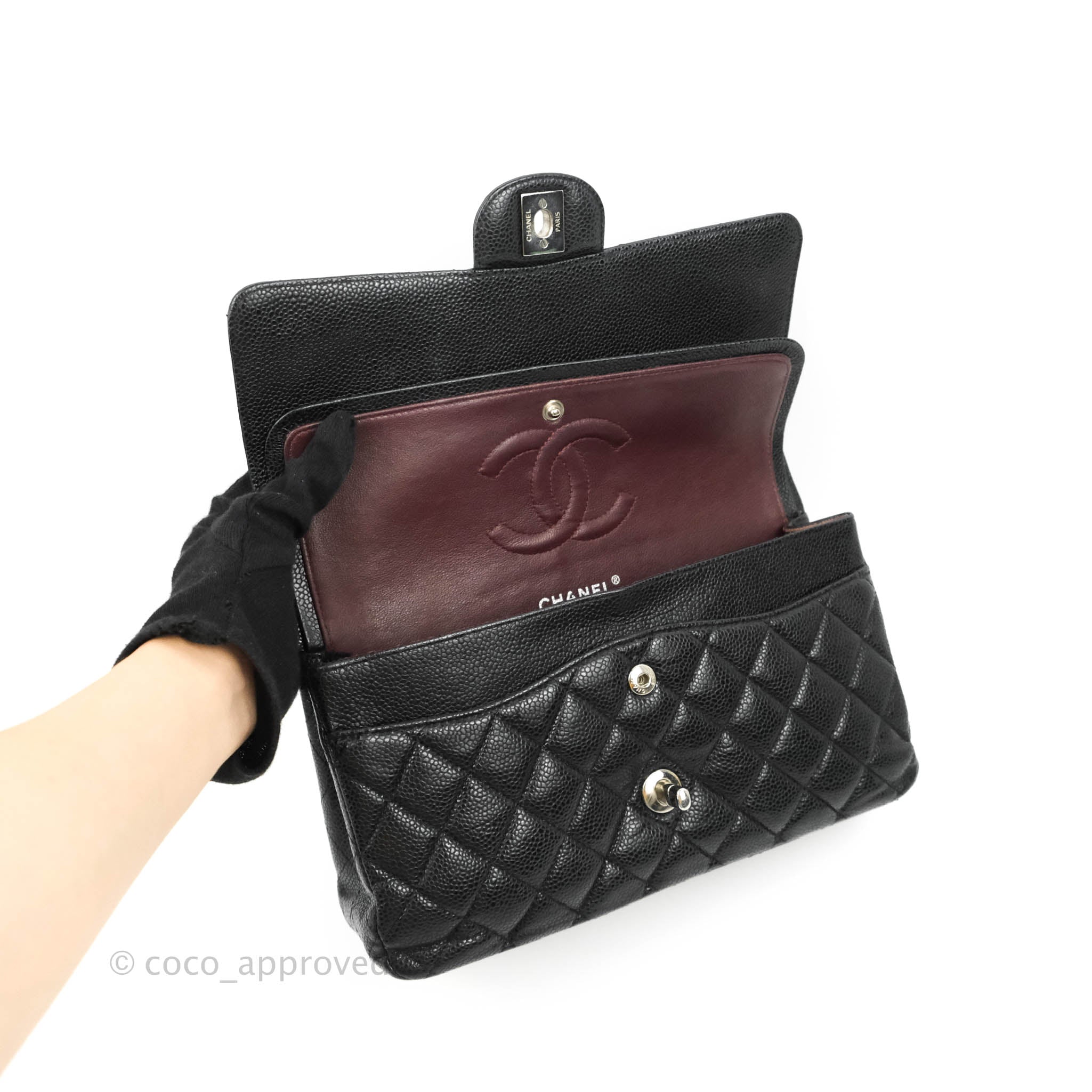 Chanel Classic Medium Double Flap Bag Black Caviar Leather with Silver Hardware - Luxury Designer Handbag for Women, Perfect for Work, Evening Events & Special Occasions