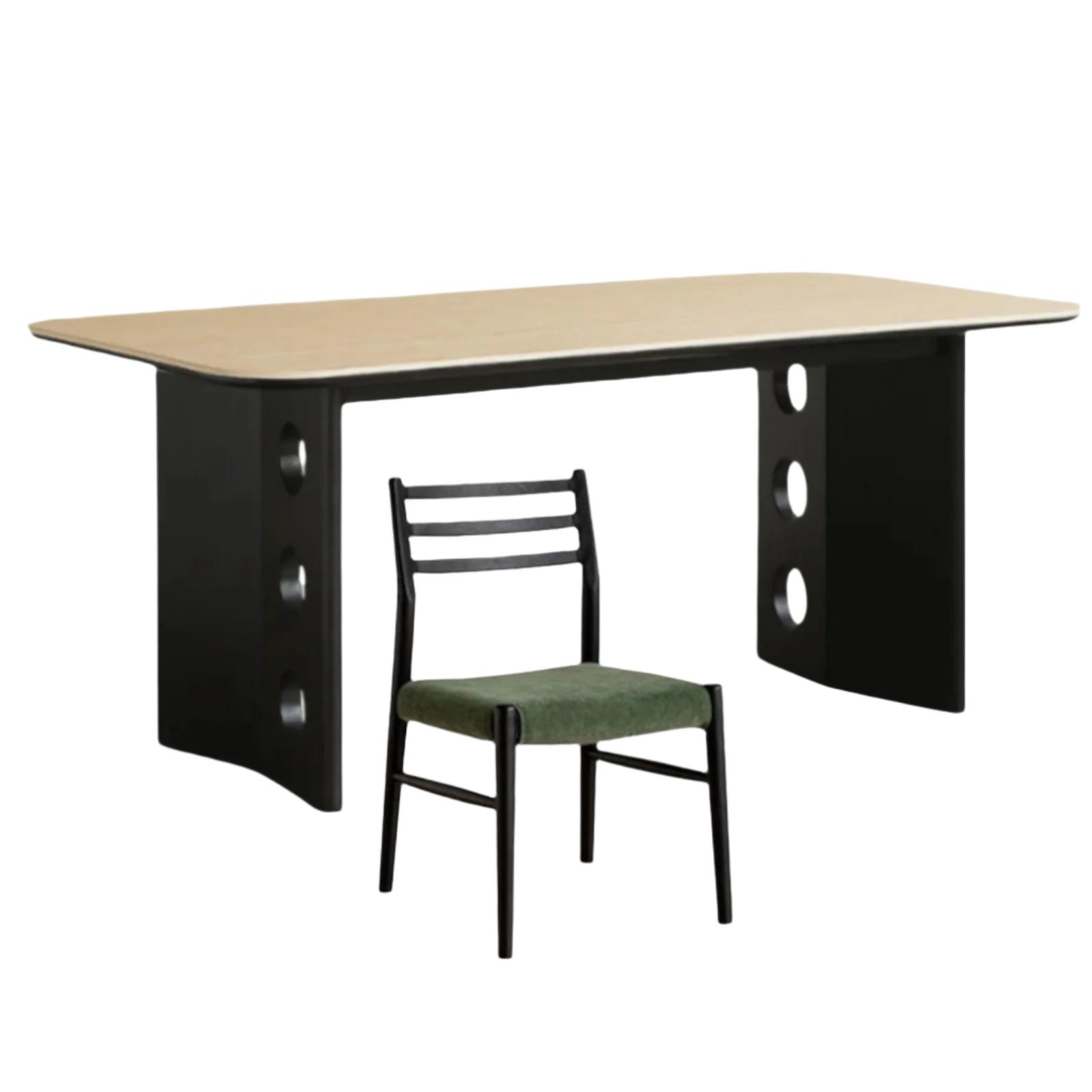 78.9x35.6x30 inch / 200.4x90.4x76.2 cm / black color / travertine slab dining table + 6 chair moss green