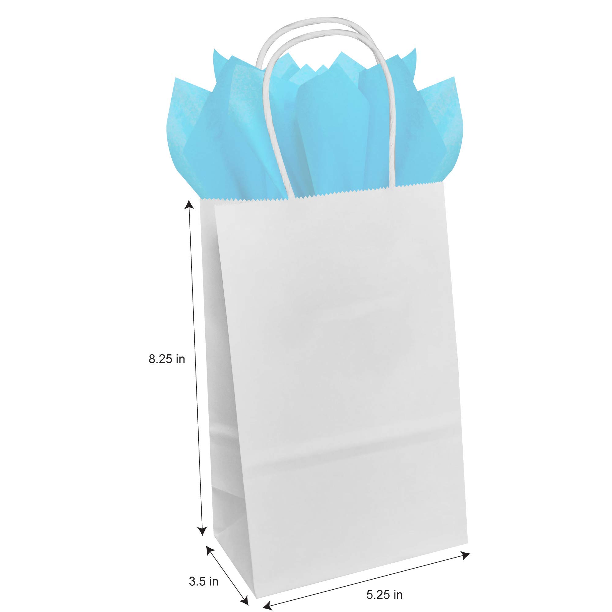 Premium White Kraft Paper Gift Bags with Light Blue Tissue Wrap - 5.25