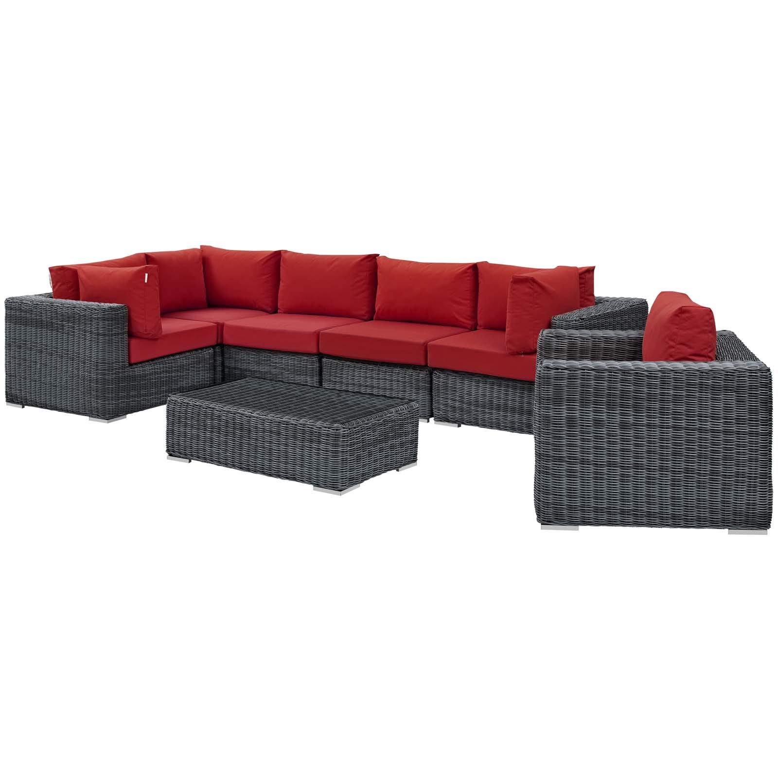 Modern Outdoor Patio Lounge Sectional Sofa Set - Rattan Wicker Furniture in Grey & Red for Backyard, Poolside & Garden Relaxation