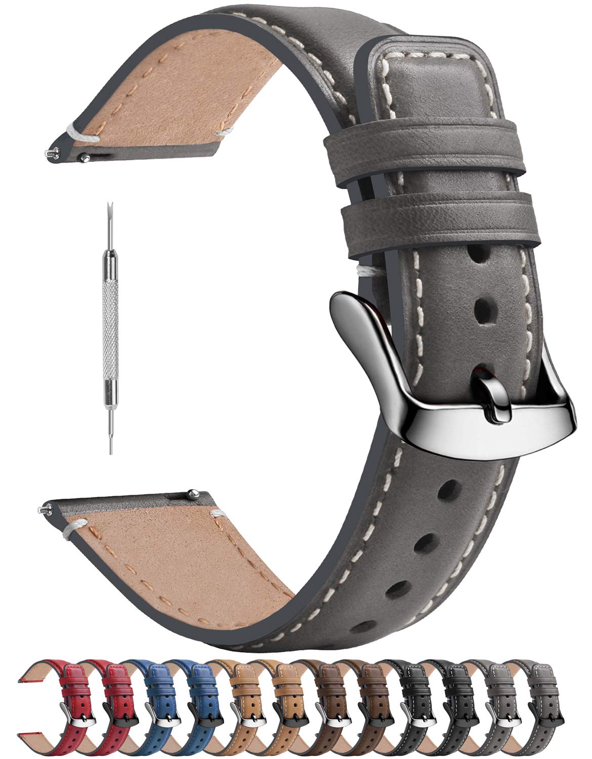 Quick Release Leather Watch Band 22mm 20mm 18mm for Samsung Galaxy & Garmin - Premium Burnished Strap for Work & Casual