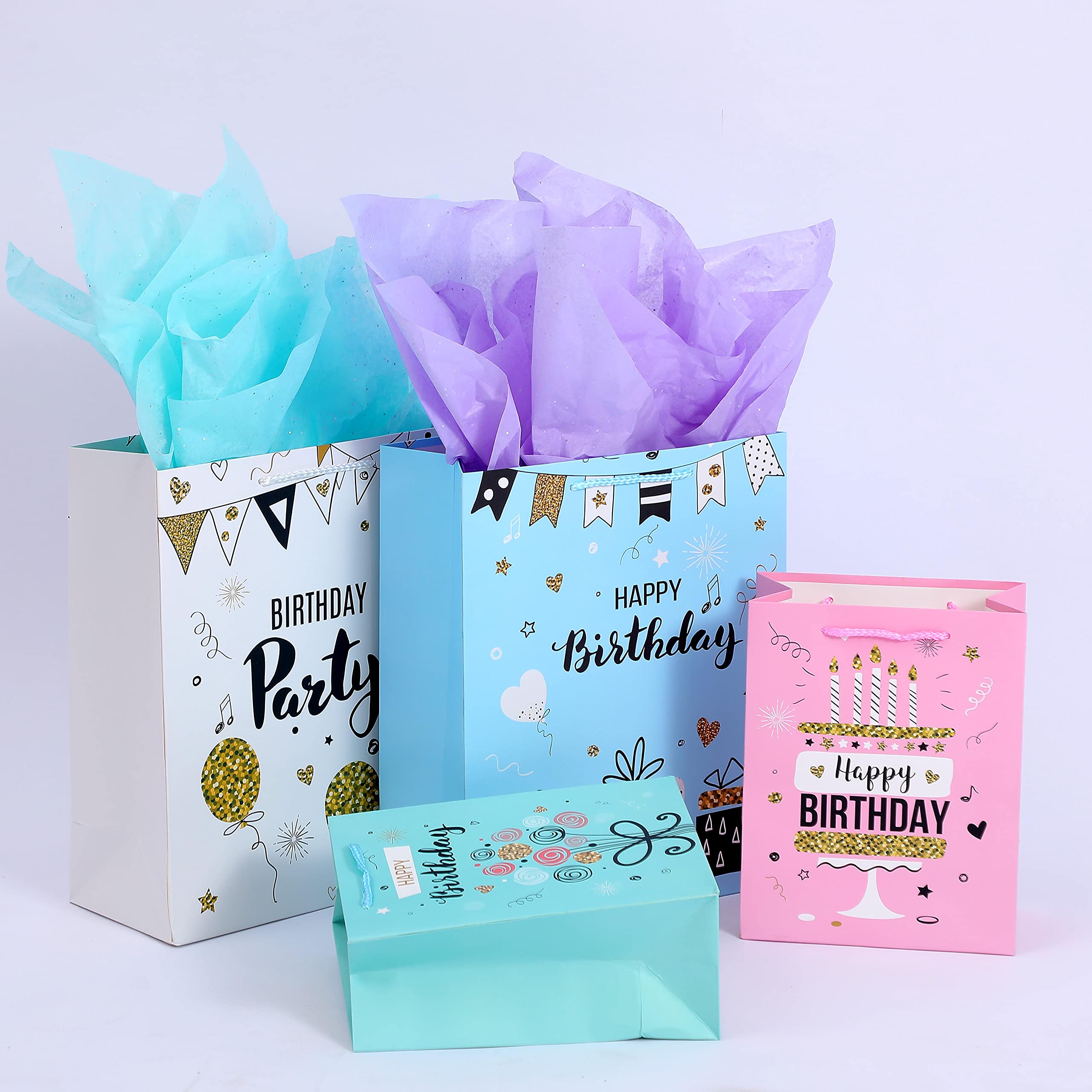 4-Piece Birthday Gift Bags Set with Tissue Paper - 2 Medium & 2 Small Party Favor Bags for Birthdays, Baby Showers & Special Occasions (Blue) - Perfect for Party Favors, Gift Wrapping & Celebration Decorations
