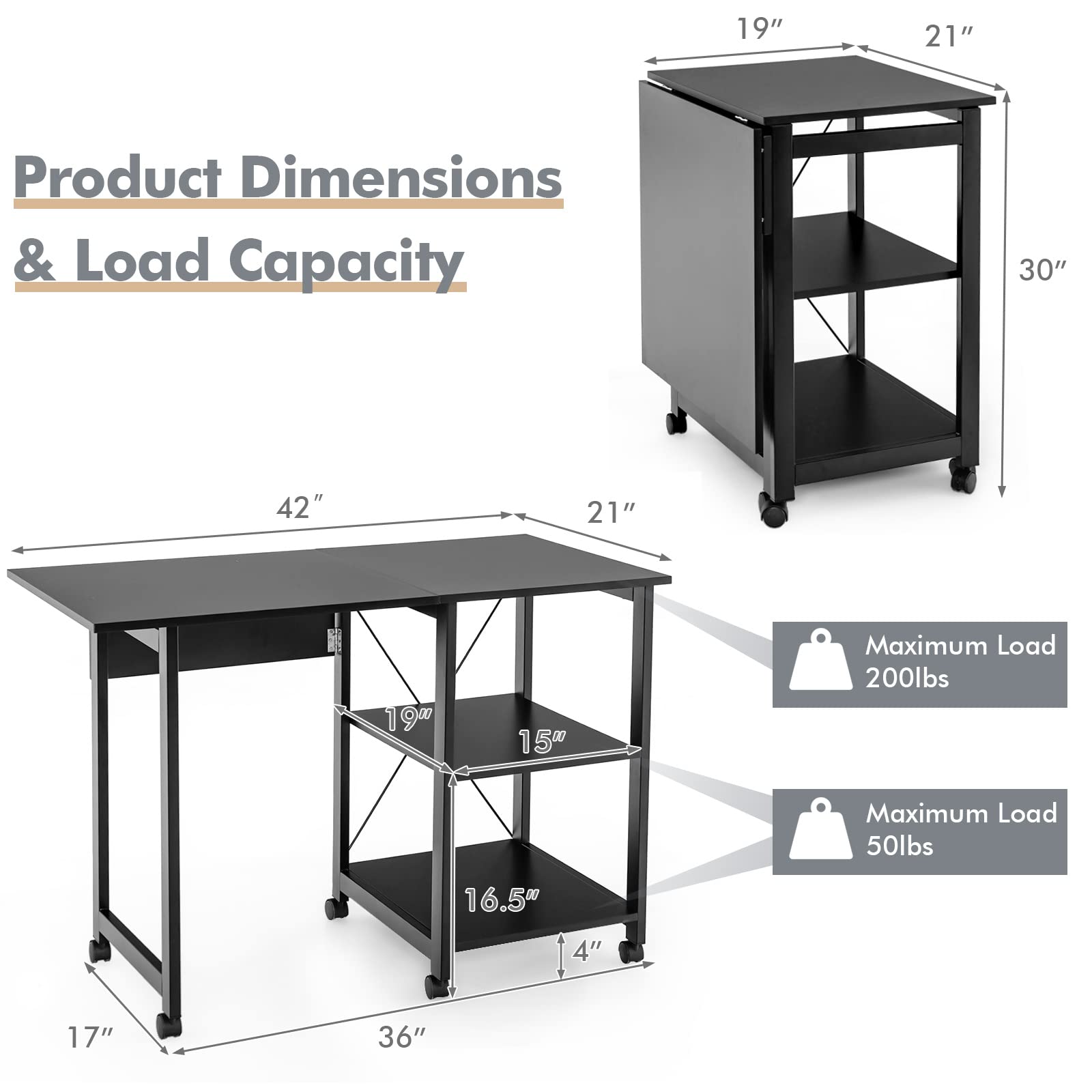 Tangkula Folding Computer Desk with 2-Tier Storage Shelves - Modern Mobile Laptop Workstation with 6 Wheels, Space Saving Home Office Desk for Small Spaces & Apartments (Black) - Perfect for Remote Work, Study & Compact Living Areas