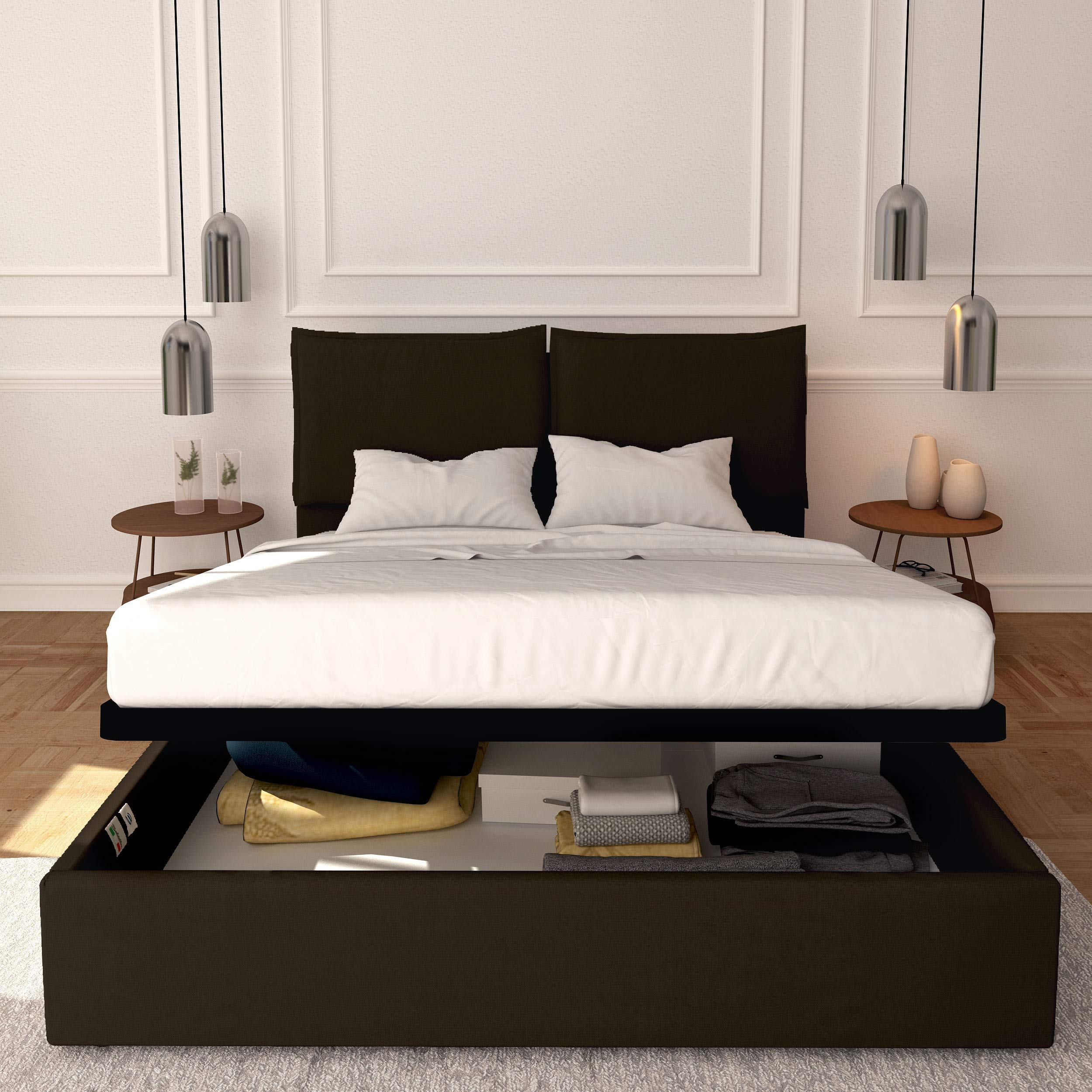 Baldiflex Licia Queen Size Bed Frame with Upholstered Synthetic Leather Headboard, Slatted Base for 160x190cm Mattress - Modern Bedroom Furniture for Master Bedroom & Guest Room