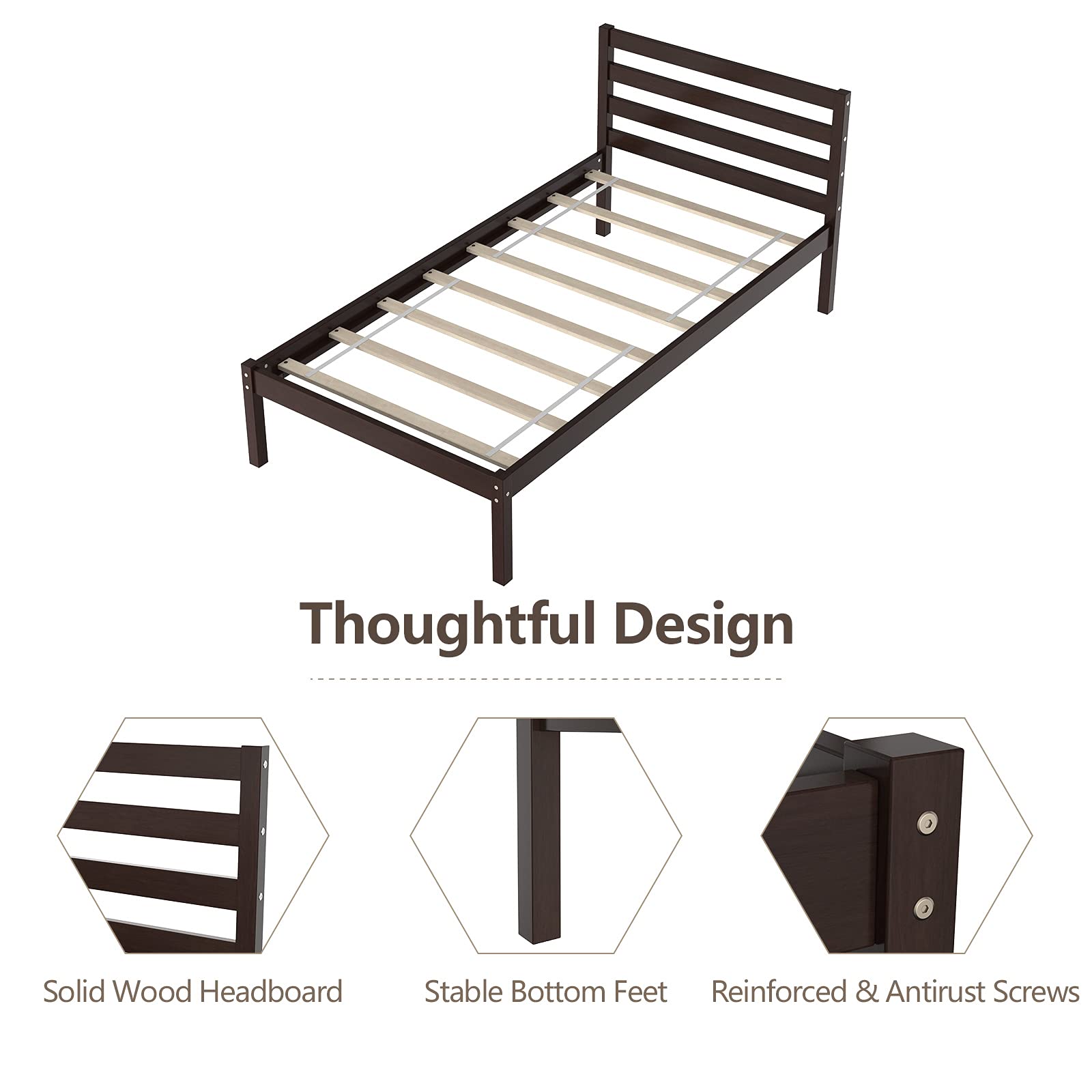 Giantex Solid Wood Platform Bed Frame with Paneled Headboard - Wood Slat Support, No Box Spring Needed - Twin Size Espresso Finish Mattress Foundation for Bedroom, Guest Room & Dormitory