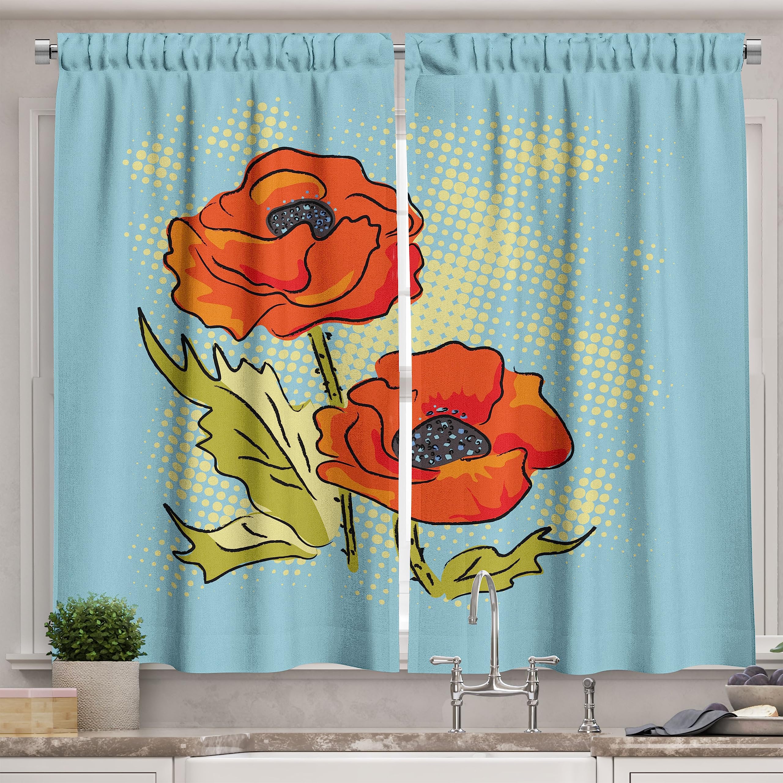 Ambesonne Floral Kitchen Curtains Set of 2 - Red Poppy Flowers Design on Pale Blue Background, 55