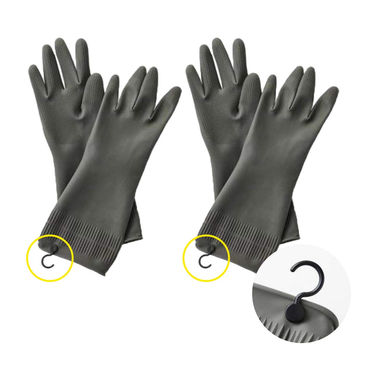 HOMSSEM Premium Rubber Cleaning Gloves – 2 Pairs Gray Latex Dishwashing Gloves with Hanging Hooks – Heavy Duty Kitchen Gloves for Washing Dishes, Cleaning, Gardening & Household Chores