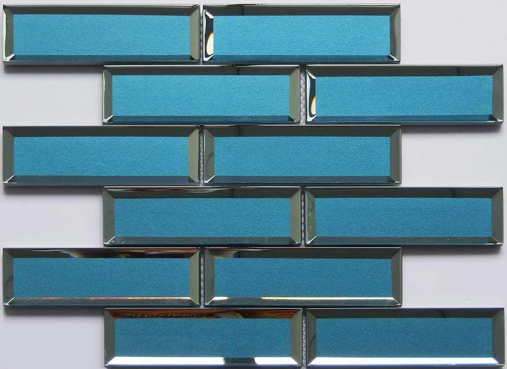 Peacock Blue Glass Subway Tile with Inverted Bevel - 2x6 Inch Mirror Backsplash for Kitchen & Bathroom Decor