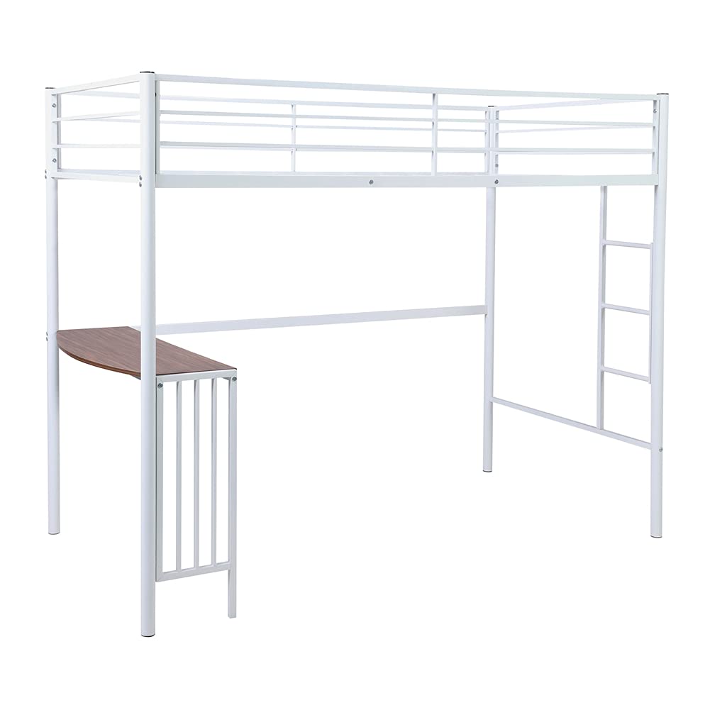 **Metal Loft Bed with Desk - Twin Size Space-Saving Furniture with Guardrails & Built-in Ladder, Sturdy Bed Frame for Kids & Teens - Perfect for Small Rooms, Dorms & Apartments (White)**
