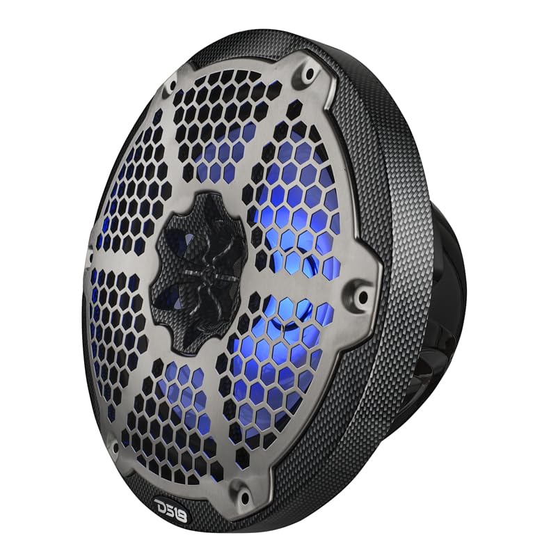 DS18 Hydro CF-8M 8 Inch 2-Way Coaxial Marine Speakers with RGB LED Lights - 125W RMS 4-Ohm Waterproof Boat Audio System, UV Resistant Carbon Fiber Design (Pair of 8