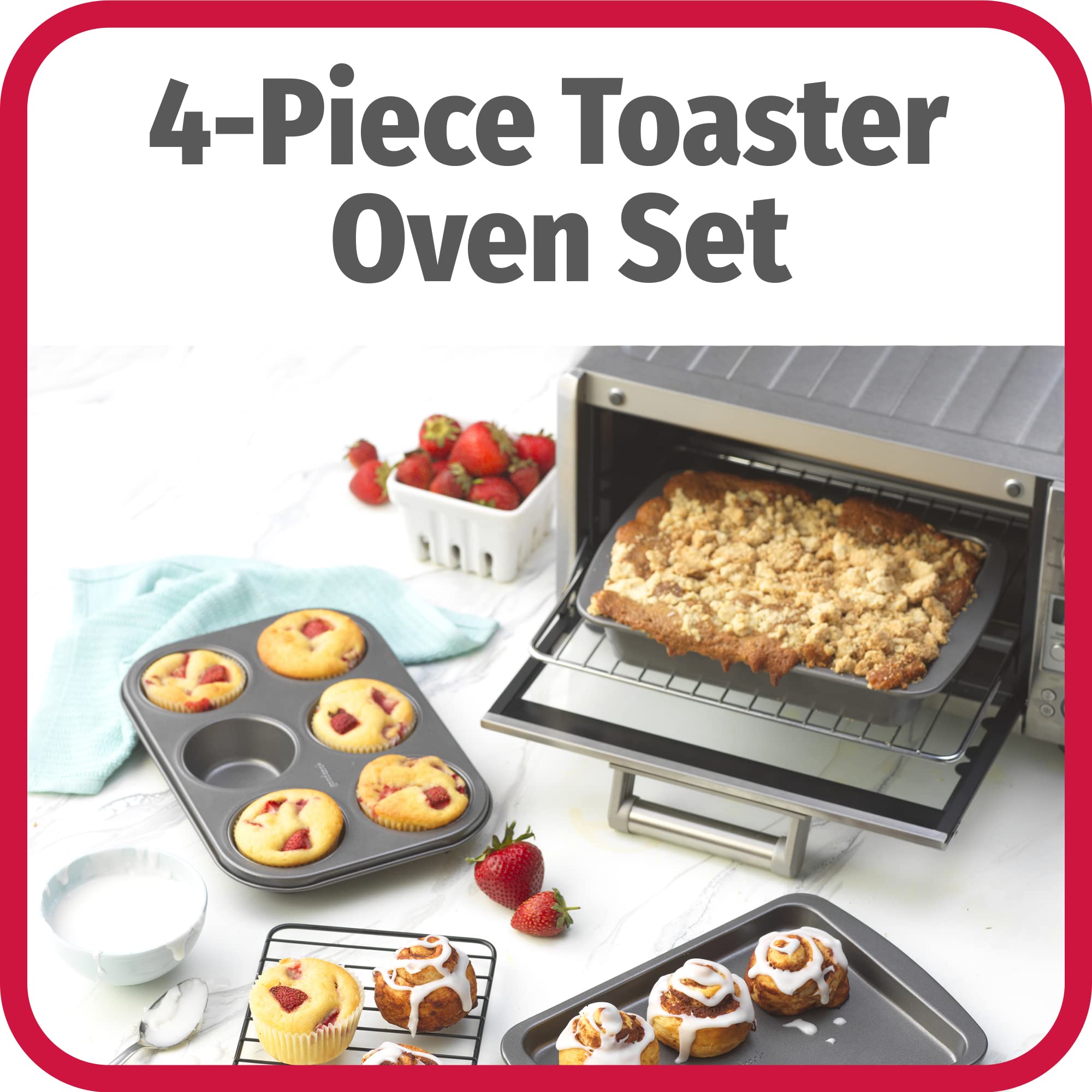 GoodCook 4-Piece Nonstick Steel Toaster Oven Baking Set - Includes Sheet Pan, Rack, Cake Pan & Muffin Pan - Even Heat Distribution, Dishwasher Safe - Perfect for Baking, Roasting & Meal Prep in Small Kitchens