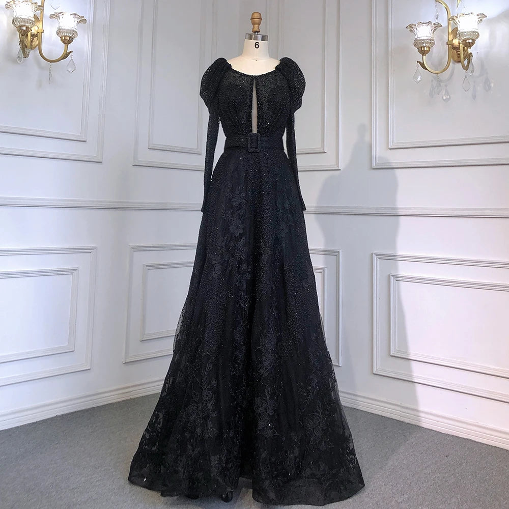 Luxury Dubai Blue Muslim Lace Beaded Evening Gowns for Women - Elegant A-Line Long Sleeve Wedding Party Dresses 2025 | Perfect for Formal Events, Bridal Showers & Special Occasions
