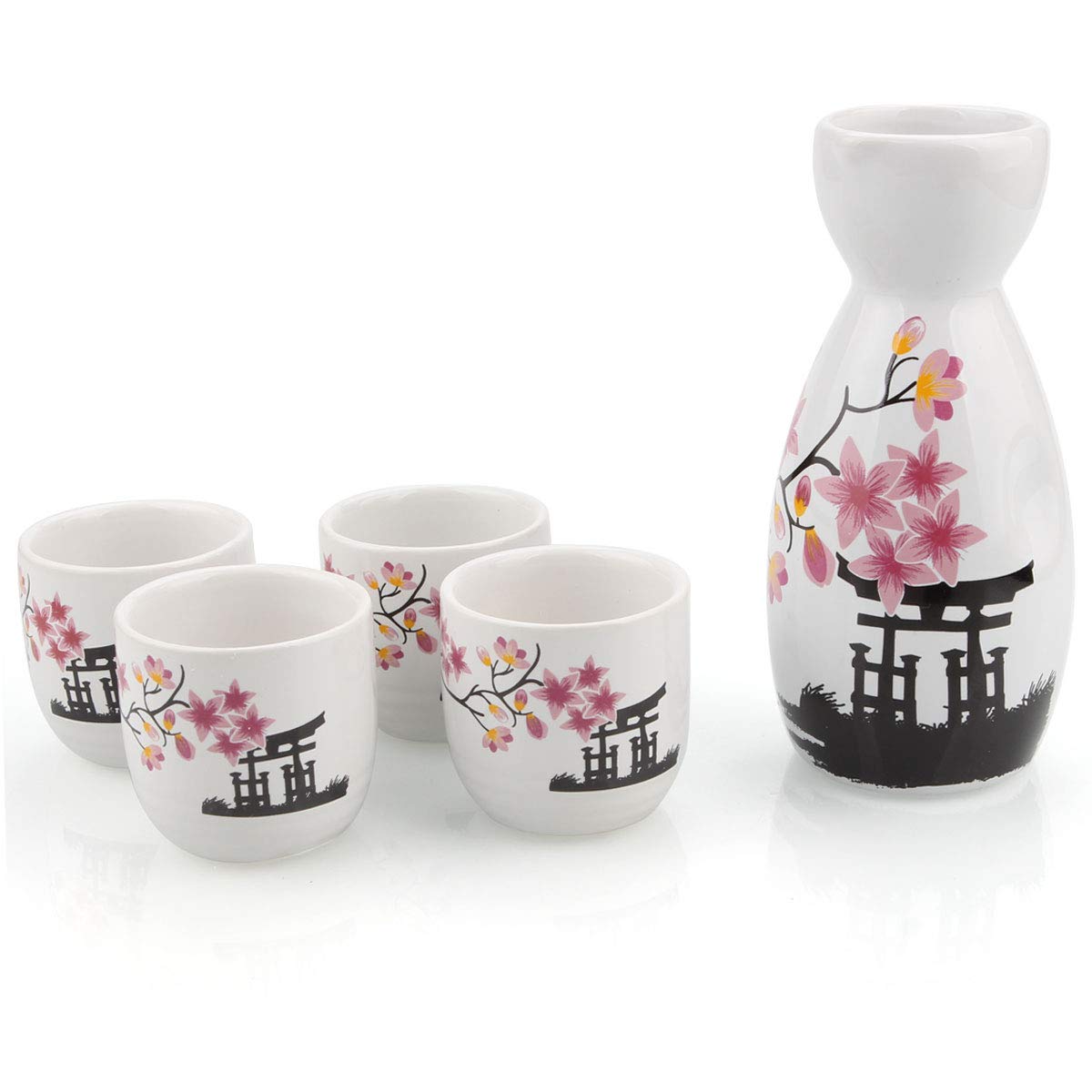 Premium Japanese Sake Set - Traditional Ceramic Tokkuri Bottle & 4 Ochoko Cups with Spring Blossom Design | Microwave & Dishwasher Safe | Perfect for Home Entertaining, Japanese Cuisine Pairing & Gift Giving