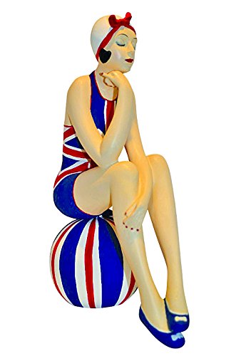 Vintage Collectible Figurine - British Bathing Beauty in Union Jack Swimsuit Sitting on Striped Beach Ball | Nautical Home Decor for Beach House, Coastal Living Room & Summer Theme Parties
