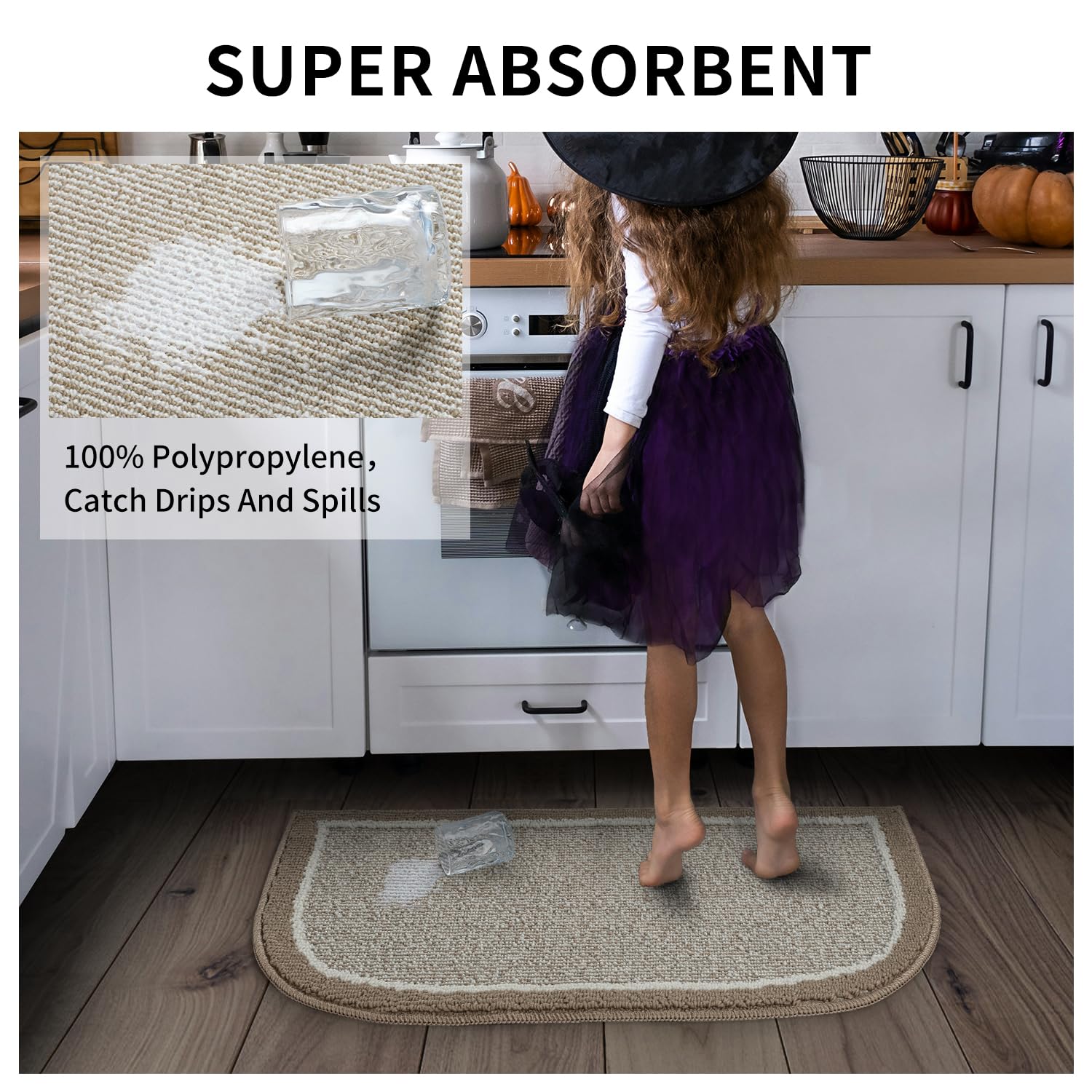 Non-Slip Kitchen Floor Mat - 100% Polypropylene Washable Rug with TPR Backing, Durable & Dirt Resistant Half Circle Design (18
