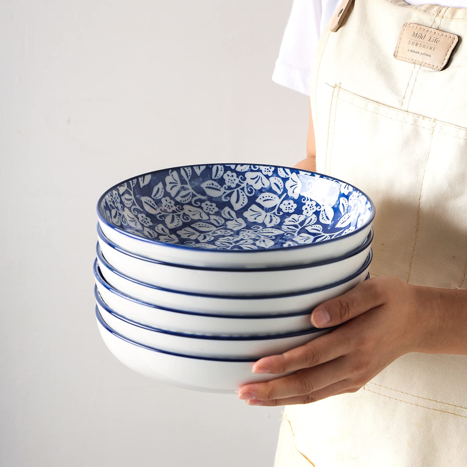 Selamica 26oz Porcelain Salad Pasta Bowls Set of 6 - Microwave & Dishwasher Safe, Stackable Serving Bowls in Vintage Blue - Perfect for Family Dinners, Parties & Restaurant Use