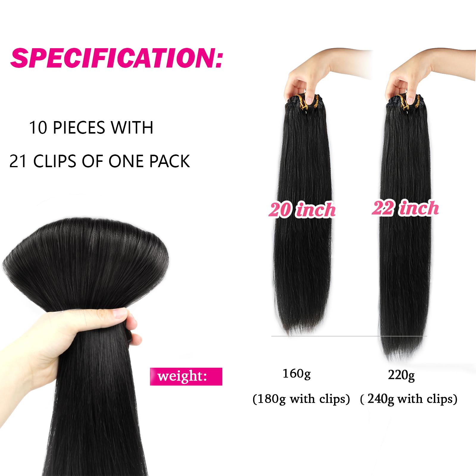 SixStarHair Jet Black Clip In Hair Extensions 180g 10 Pieces 20inch - Remy Virgin Human Hair Double Wefted Thick Sewn In Clip On Extensions for Quick Application - Perfect for Parties, Weddings & Daily Styling [Color 1 Jet Black 20inch]