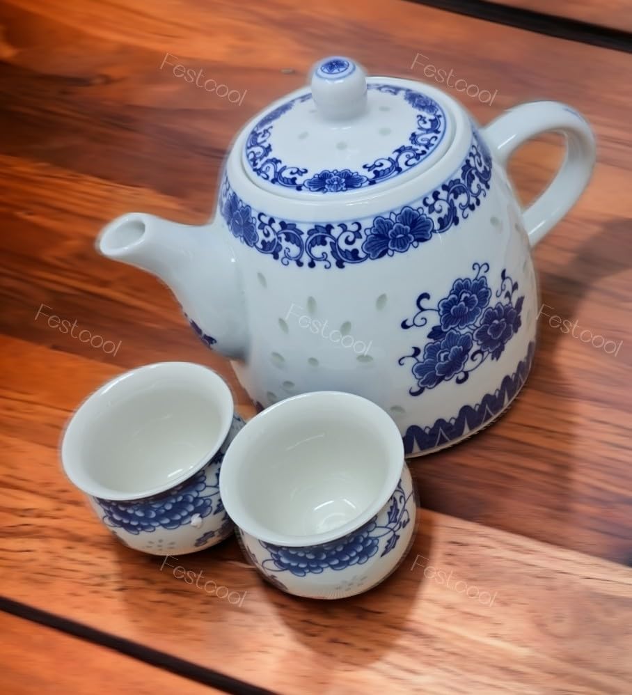 Large 56oz Blue and White Porcelain Teapot - 6 Cup Capacity Chinese Style Tea & Coffee Pot for Home, Office, and Gift Giving