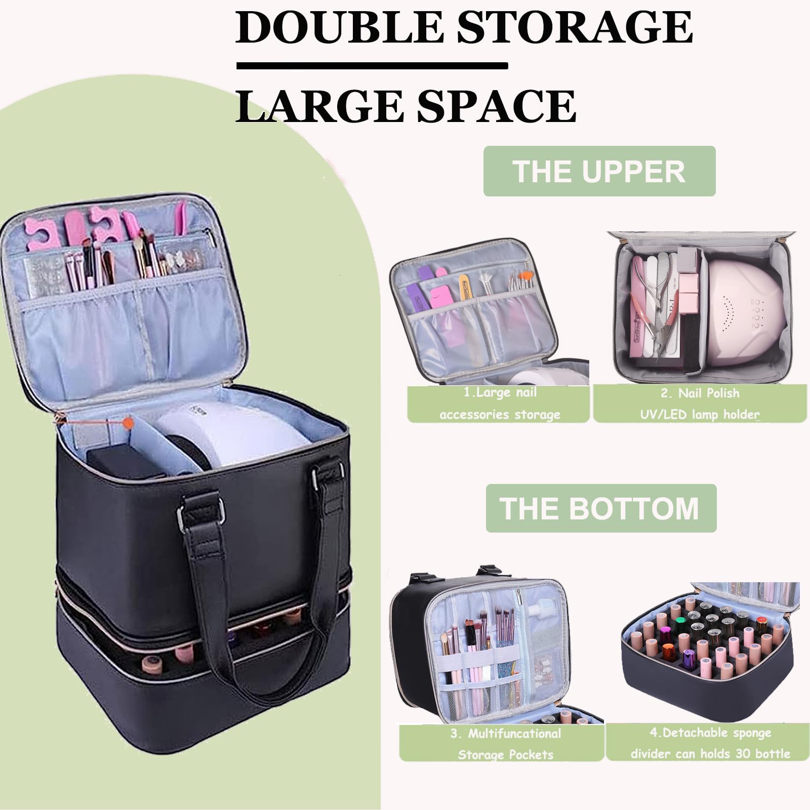 Premium Nail Polish Organizer Case - Holds 30+ Bottles (15ml/0.5 fl.oz) & Nail Lamp, Double-Layer Portable Nail Art Storage Bag for Professional Nail Technicians & DIY Enthusiasts - Perfect for Salon, Travel & Home Use (Black)