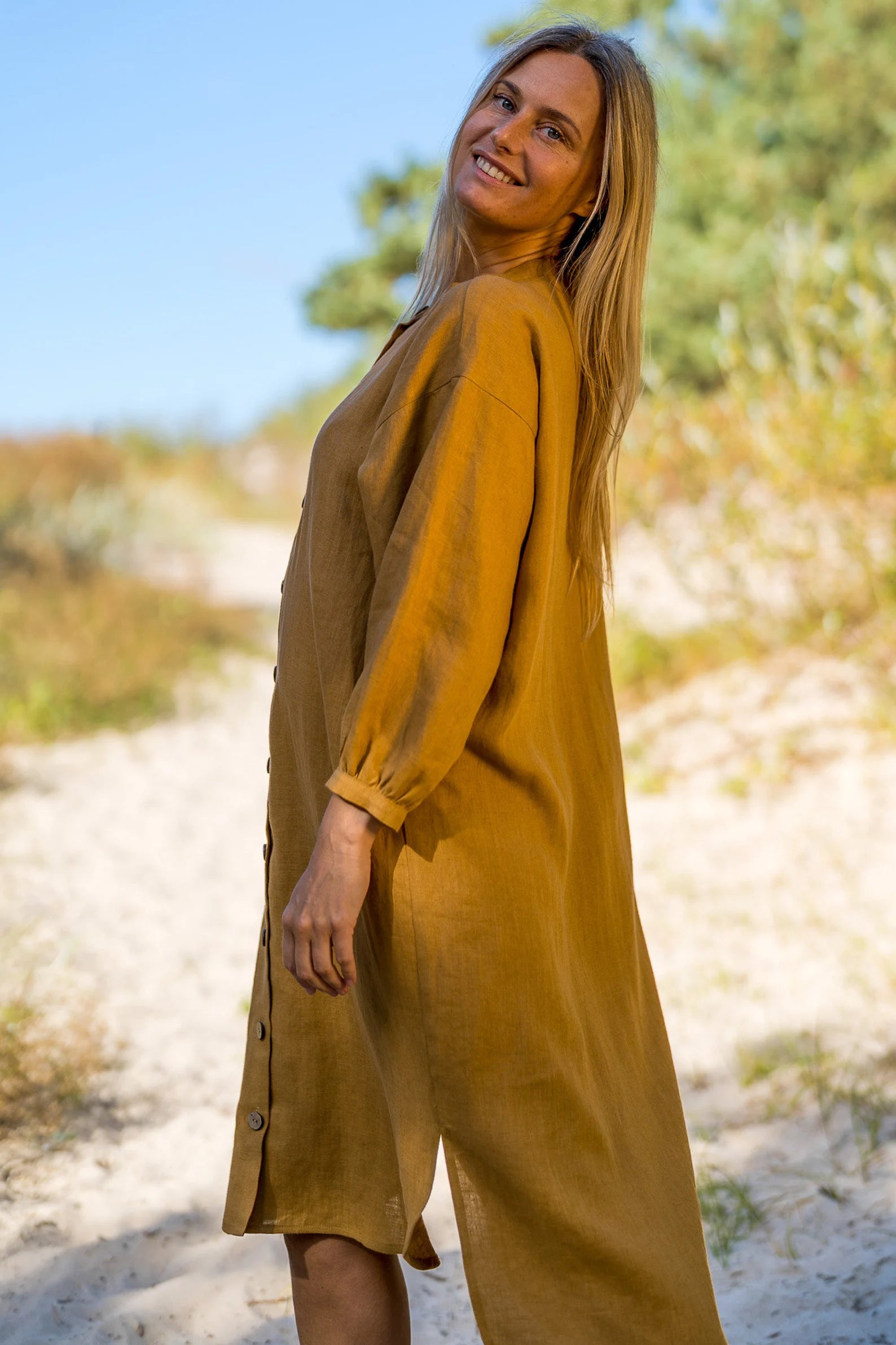 Linen Oversized Shirt Dress for Women | NINA Casual Long Sleeve Button Down Tunic in Amber Yellow | Perfect for Beach Cover-Up, Summer Outfits & Boho Style