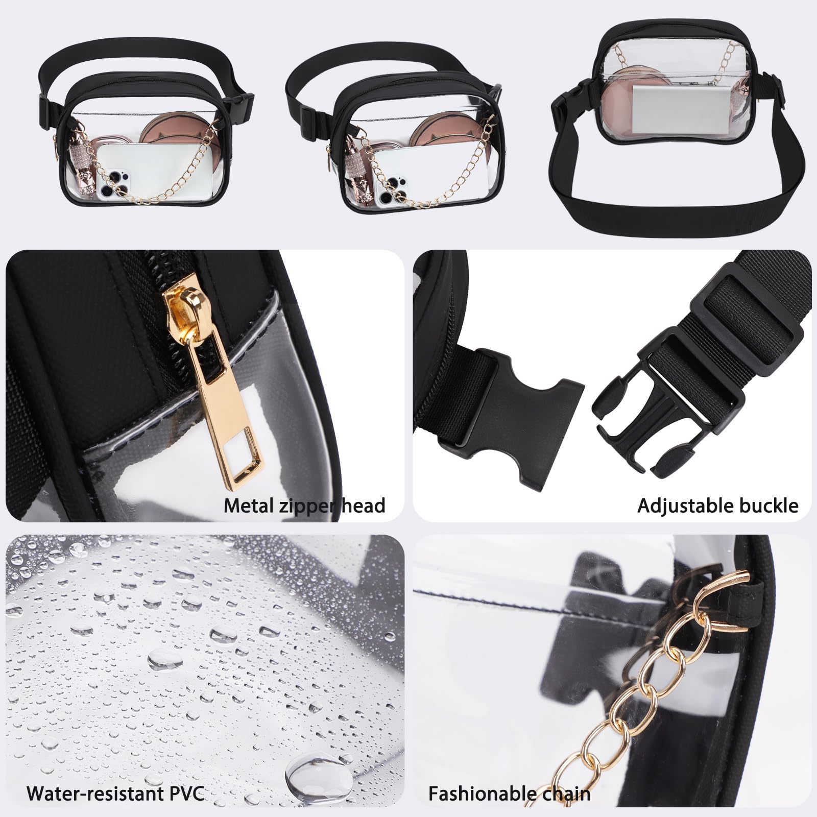 TINYAT Clear Fanny Pack for Women - Waterproof Waist Bag, See-Through PVC Crossbody Purse, Stadium Approved Belt Bag | Perfect for Concerts, Travel, Running & Outdoor Activities