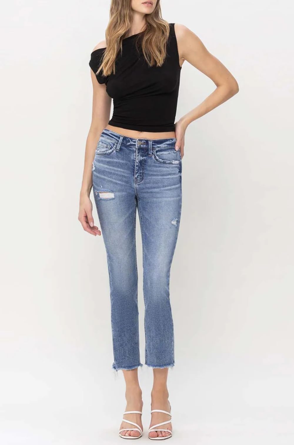 Flying Monkey Women's High Rise Slim Straight Jeans with Raw Hem - F5160 | Comfortable & Stylish for Casual Wear, Work & Everyday Outfits