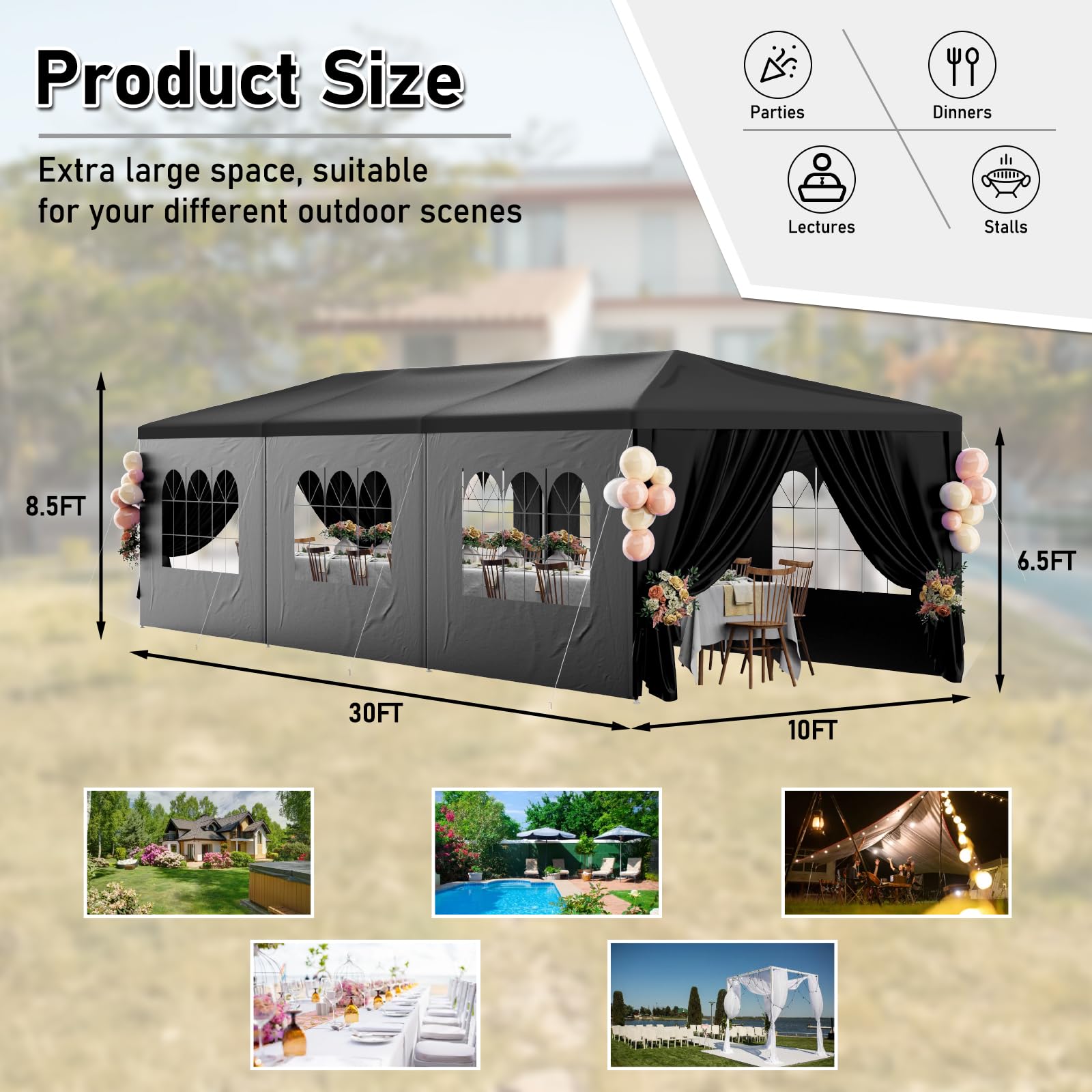 10x30FT Heavy Duty Waterproof Black Party Tent - Outdoor Canopy Wedding Tent with 8 Removable Sidewalls - Perfect for Patio, Gazebo, Events, Parties, Holiday Celebrations, Birthday, Graduation & BBQ Gatherings