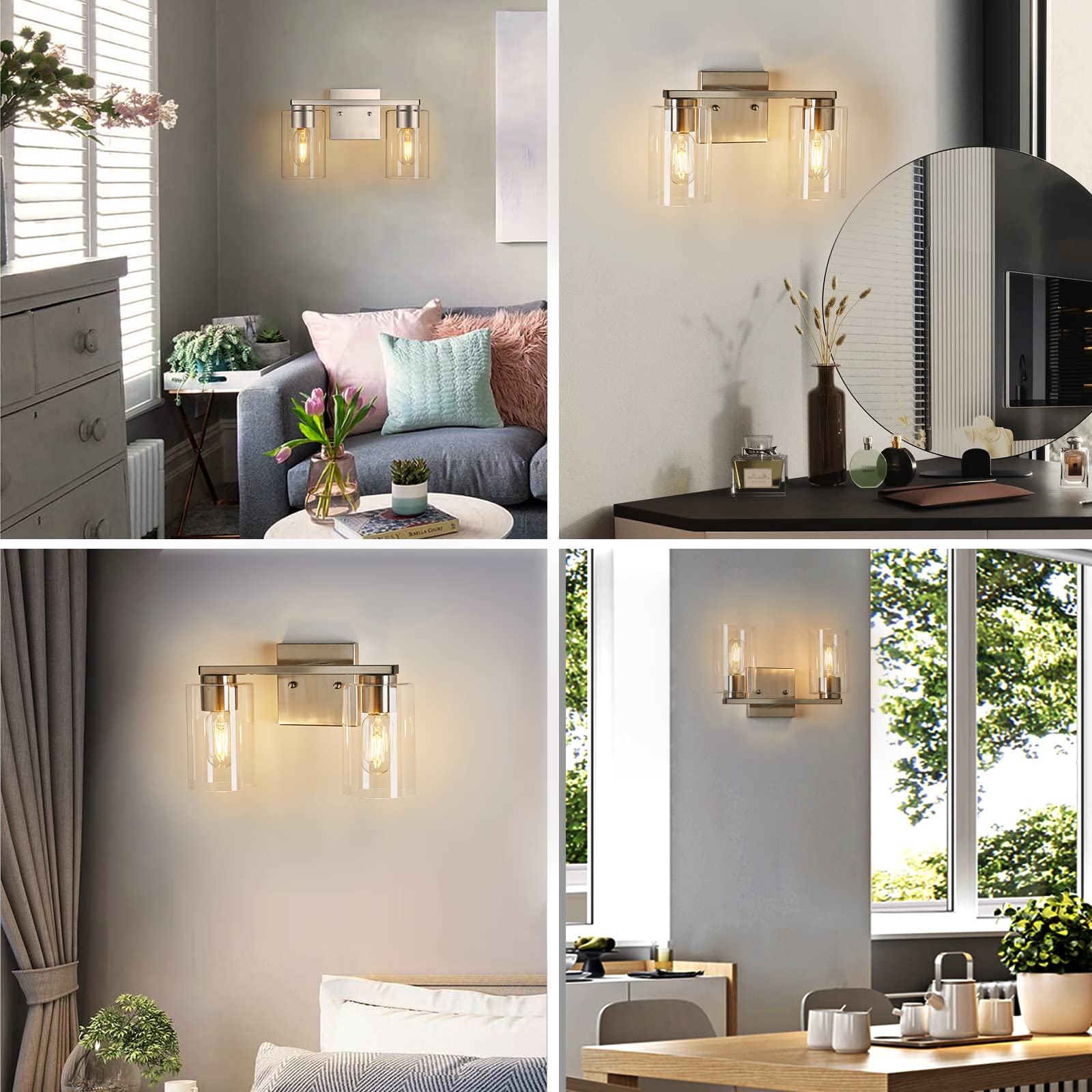 Brushed Nickel 2-Light Vanity Fixture - Modern Bathroom Wall Light with Clear Glass Shade for Mirror, Bedroom & Living Room | Dimmable LED Lighting for Makeup Vanity, Dresser & Hallway Decor