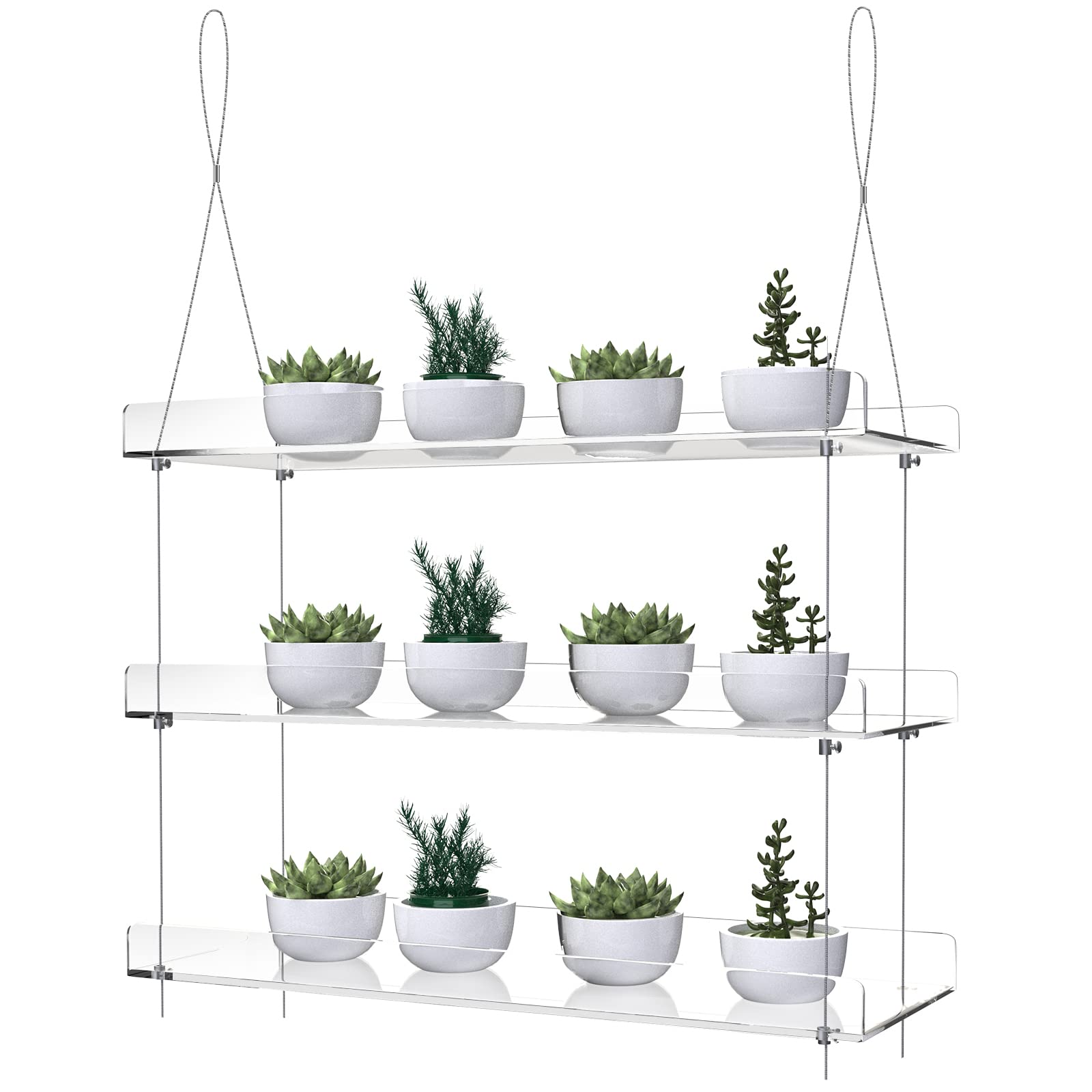 3-Tier Hanging Acrylic Plant Shelves for Windows - 16 Inch Adjustable Clear Plant Stand for Indoor Herbs, Succulents & Flowers - Perfect for Kitchen Windowsill, Balcony Gardening & Small Space Decor