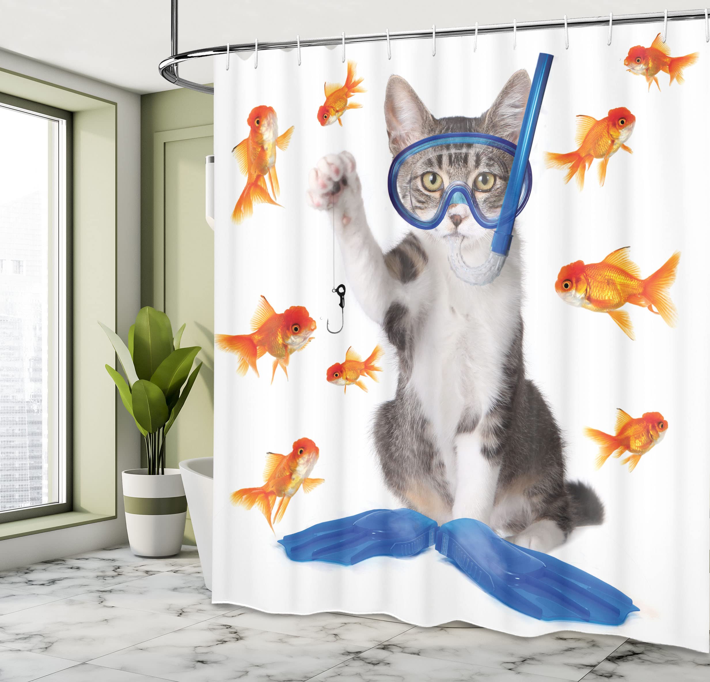 Ambesonne Humorous Cat Shower Curtain - Modern Fishing Curiosity & Goldfish Hunting Design, Blue & Orange Fabric Bathroom Decor Set with Hooks, 69
