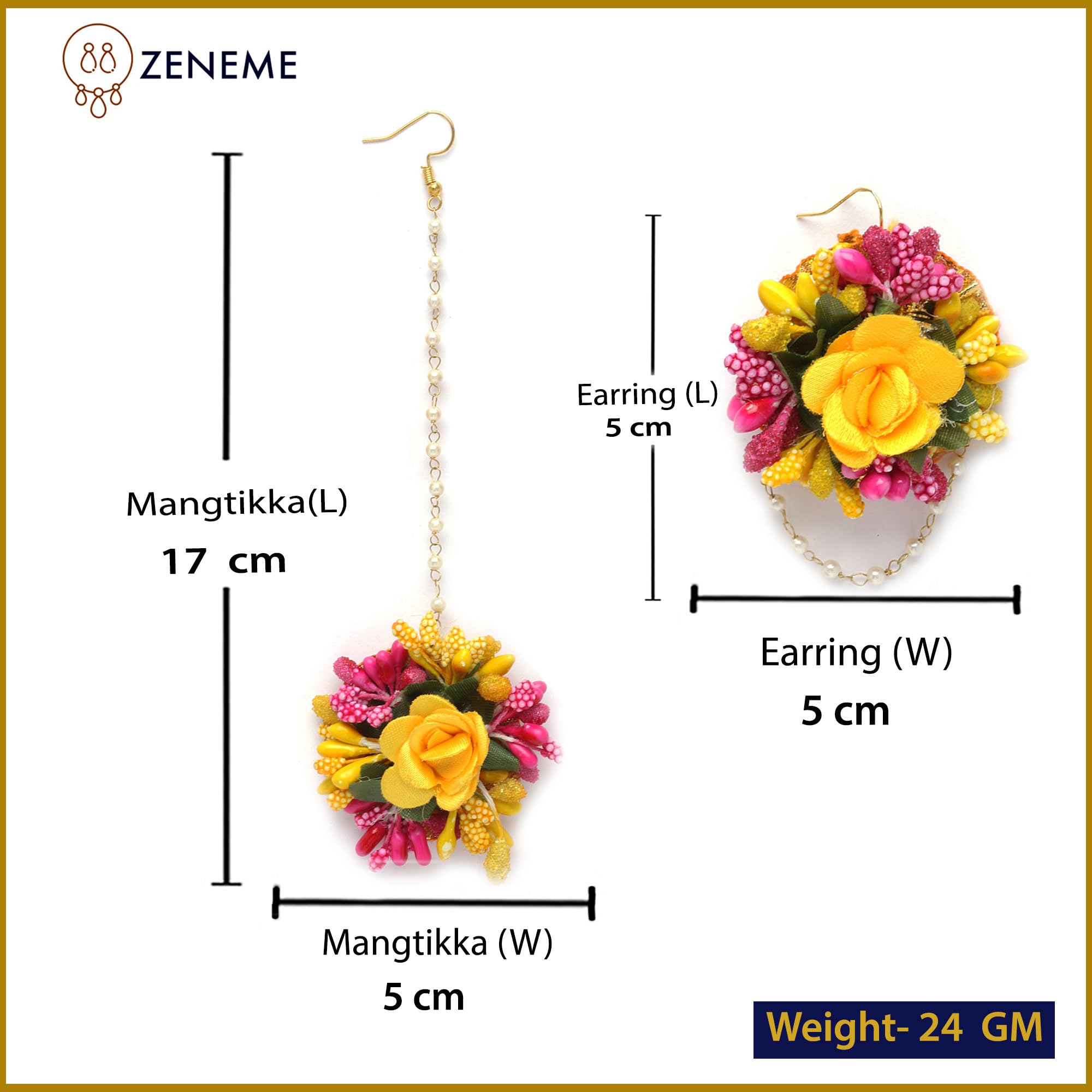 Gold-Plated Pearl & Gota Patti Flower Haldi Mehendi Maang Tikka with Earrings Set - Indian Bridal Jewelry for Wedding, Haldi Ceremony & Mehendi Function