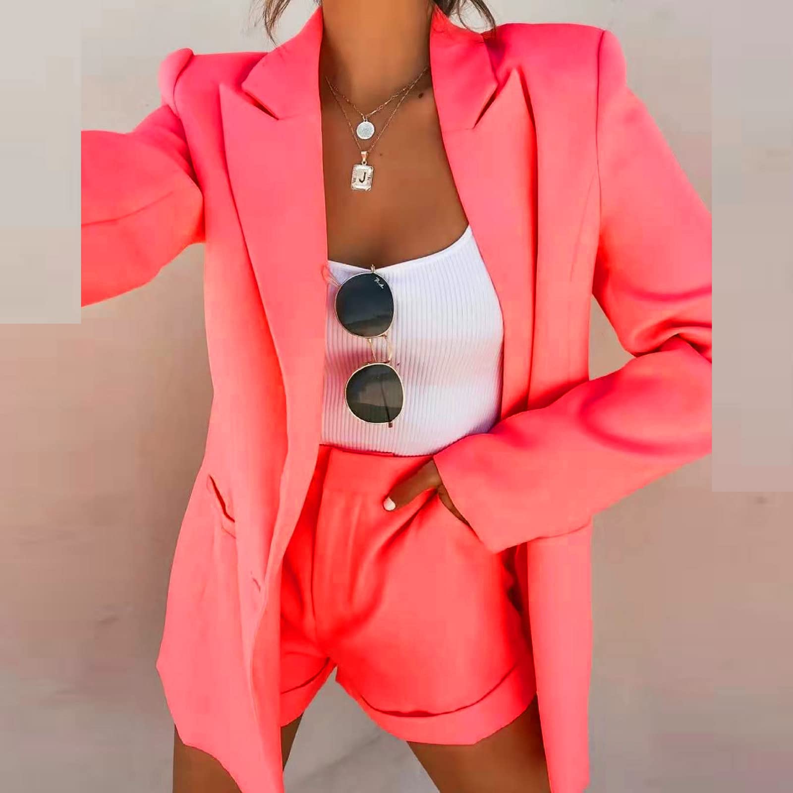 Women's Two Piece Summer Outfits - Comfy Lounge Blazer Jacket & High Waist Shorts Business Matching Set | Office Wear, Casual Date, Vacation Outfit