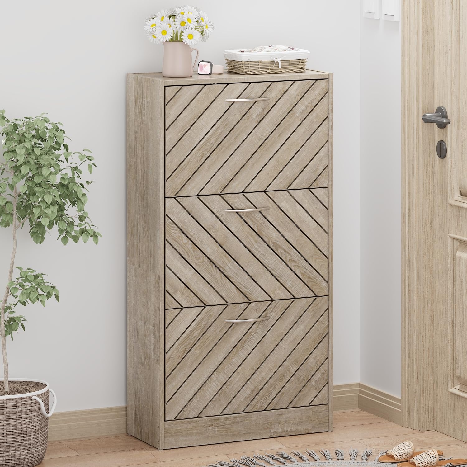 Slim Shoe Cabinet with 3 Drawers - Wooden Entryway Organizer for Small Spaces