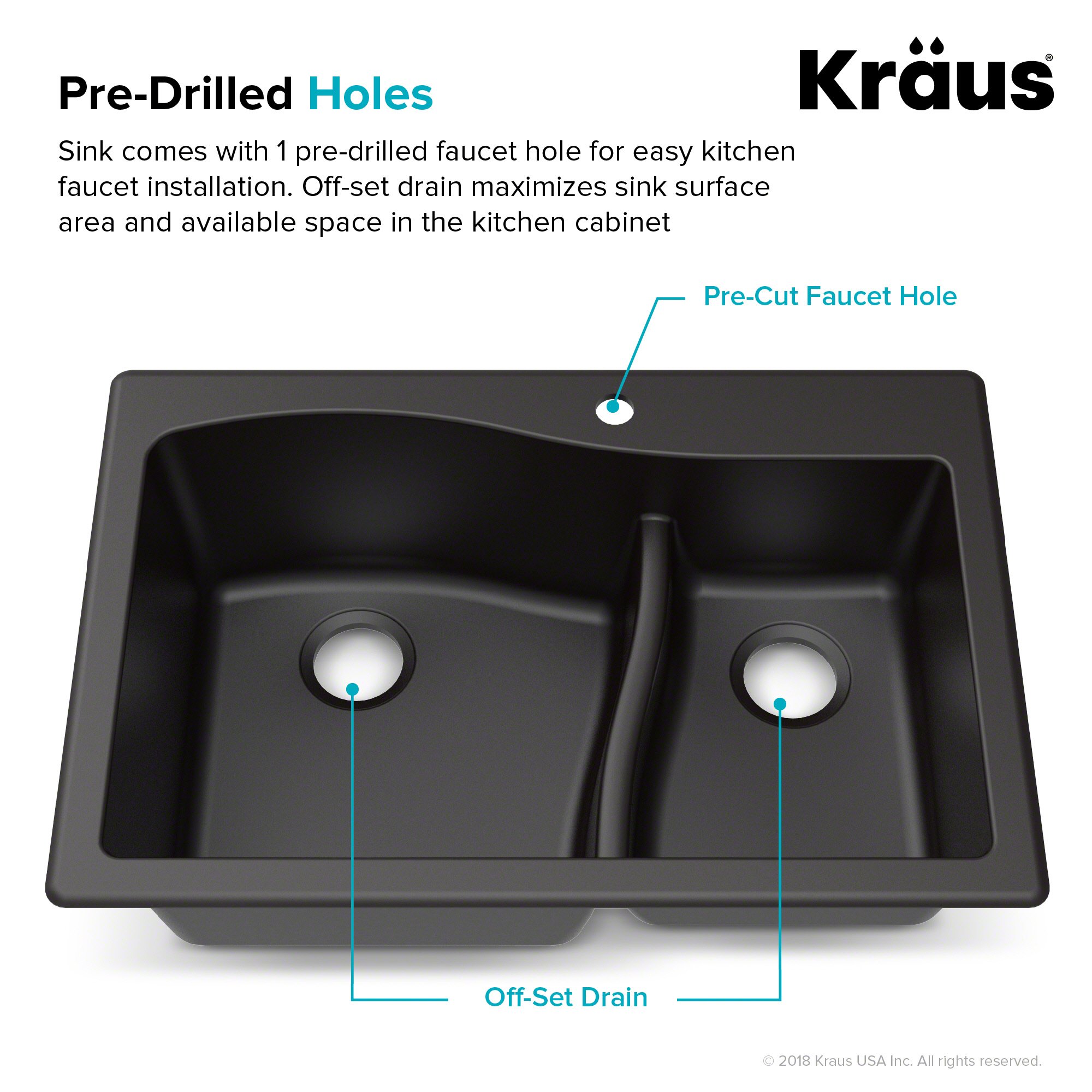 KRAUS Quarza™ 33-Inch Black Granite Dual Mount 60/40 Double Bowl Kitchen Sink with WasteGuard™ Continuous Feed Garbage Disposal (KGD-442BL-100-75MB) - Perfect for Modern Kitchens, Remodeling & Heavy-Duty Cooking