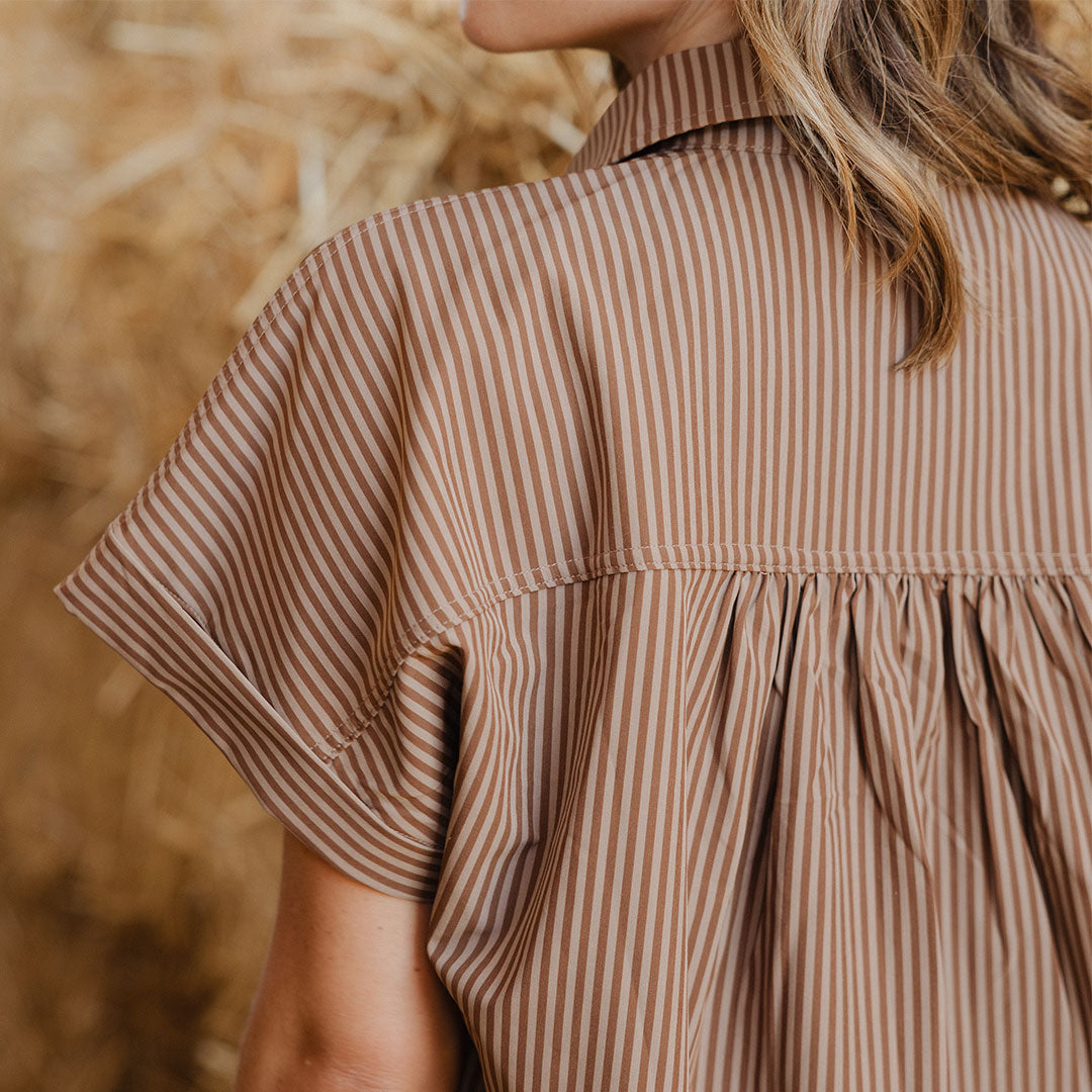 Women's Cinnamon Striped Button Down Blouse - Casual & Office Wear Shirt for Work, Date Night & Everyday Outfits
