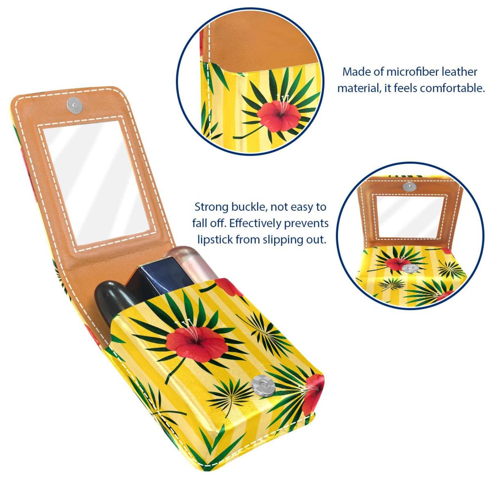 Personalized Lipstick Case - Portable Makeup Bag & Cosmetic Pouch Organizer - Tropical Leaf Floral Yellow Striped Design - Perfect for Travel, Gift & Daily Makeup Storage