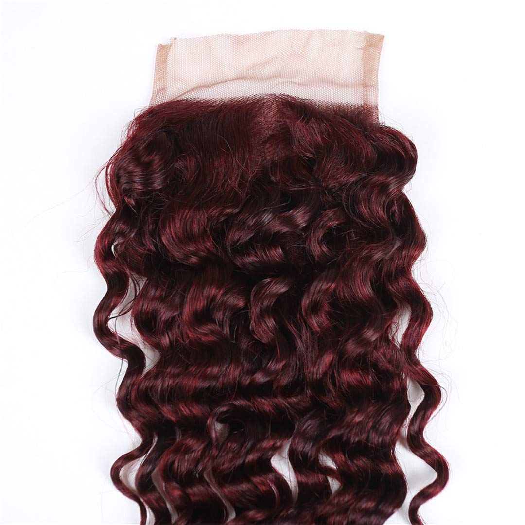 Burgundy Deep Wave Brazilian Virgin Human Hair Weft #99J - 14 16 18 Inch Deep Curly Hair Bundles with 4x4 Lace Closure (Wine Red, Double Weft) for Sew-in Weave, Wig Making & Styling - 100% Human Hair Extensions for Natural Look