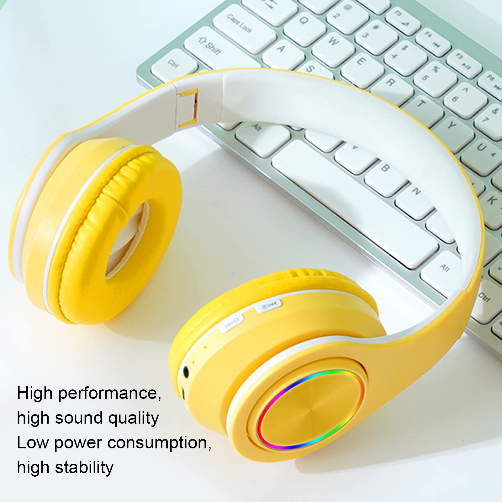 Wireless Gaming Headset with Noise Cancelling Mic, Foldable RGB LED Over-Ear Headphones for PC/PS4/Xbox/Mobile - Comfortable for Kids, Teens & Adults (Yellow) - Perfect for Gaming, Streaming & Online Classes