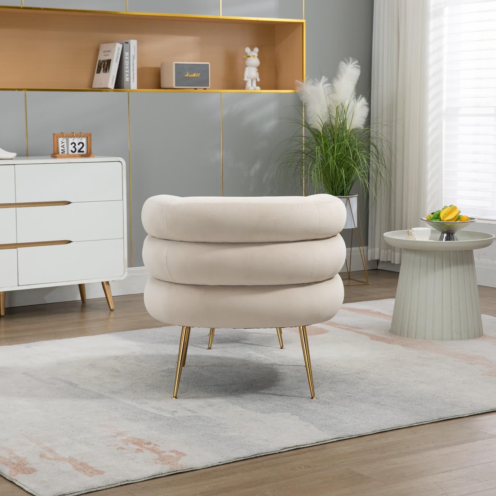 Luxury Velvet Accent Chair with Ottoman - Modern Barrel Chair with Gold Buckle & Wooden Legs, Round Sofa Chair for Living Room, Bedroom, Office | Plush Comfort with Footrest for Small Spaces (Velvet Beige) - Perfect for Reading Nook, Lounge Area & Home Decor