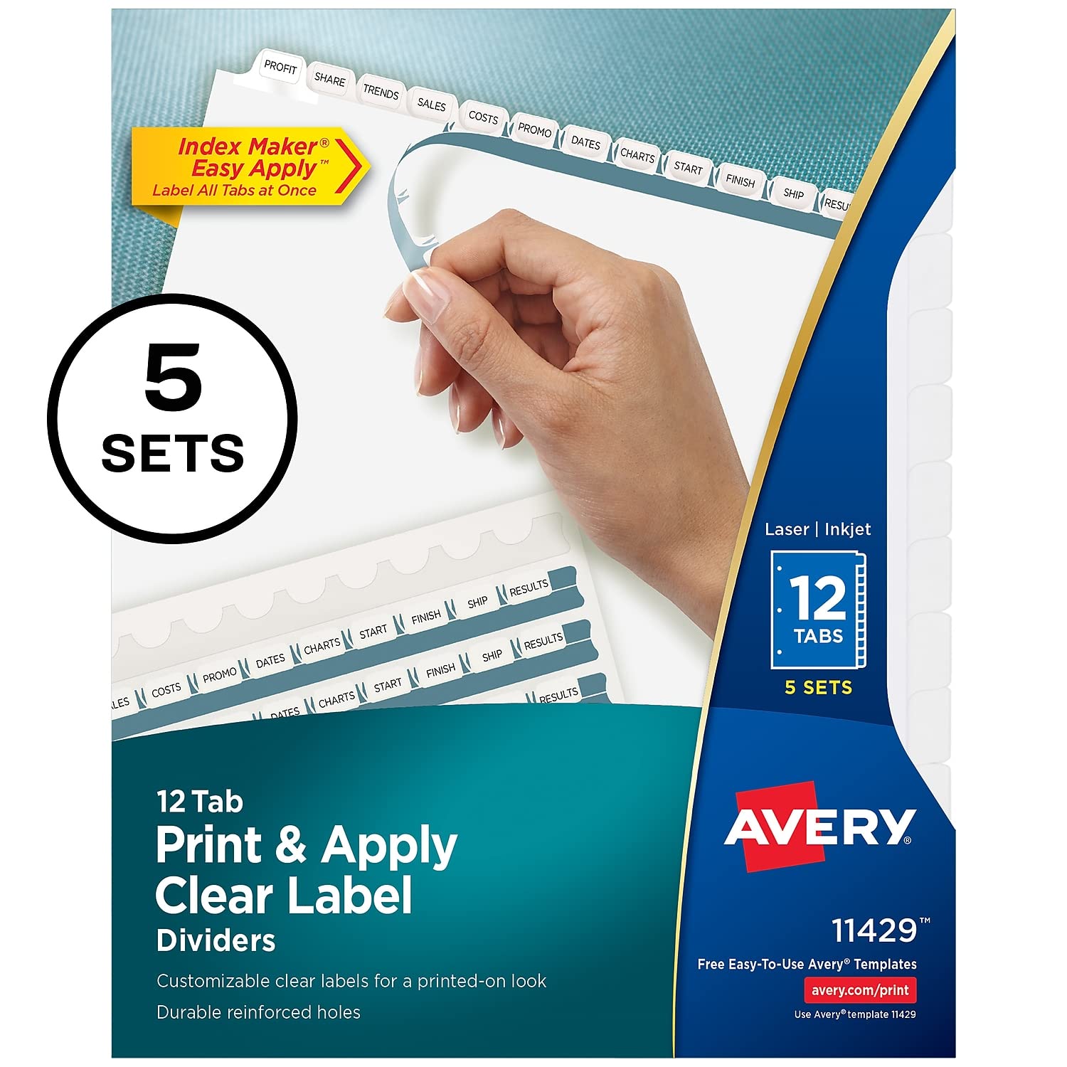 Avery 11429 Clear Label Index Maker Dividers, 8.5x11 Inches, White, 12-Tab Set, 5 Sets – Perfect for Office Organization, School Binders, and Filing Systems