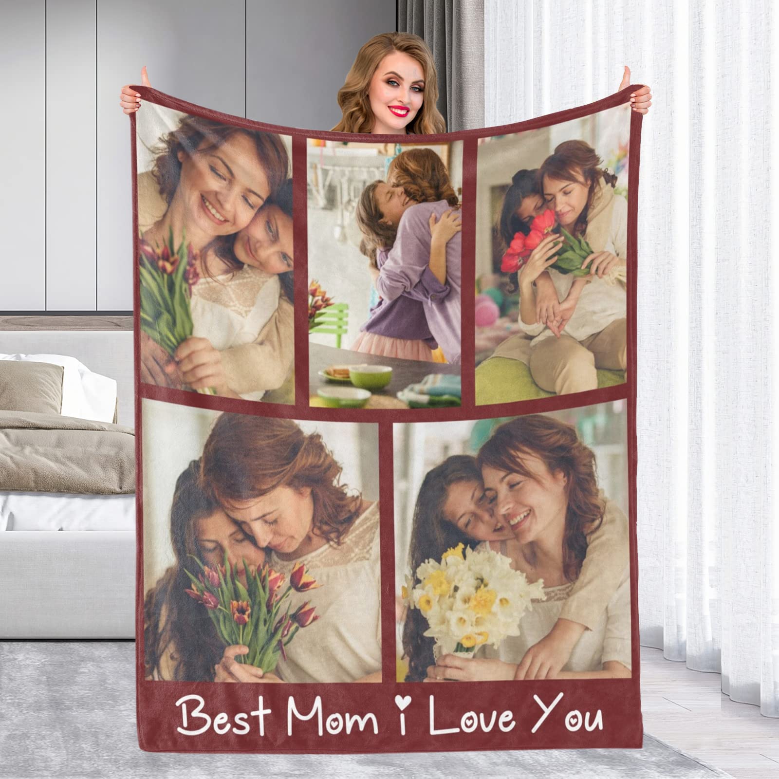 Custom Photo Blanket - Personalized Throw Blanket with Text & Collage | Soft Flannel Fleece Blanket | Mother's Day Gift for Mom, Grandma from Daughter, Son, Husband | Perfect for Family Photos, Anniversary Gifts & Cozy Home Decor