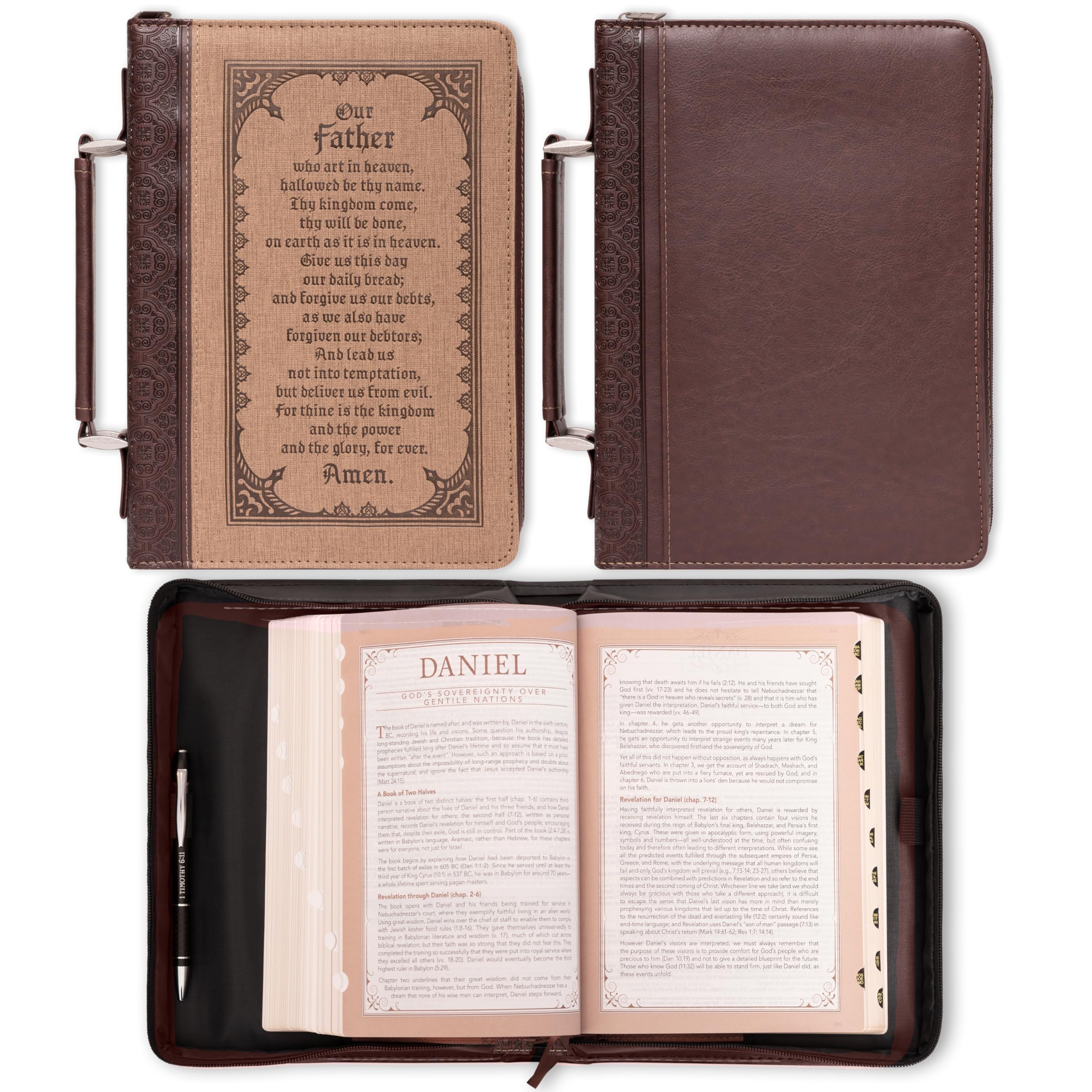 Men's Classic Bible Cover - The Lord's Prayer in Brown Faux Leather for Church & Study